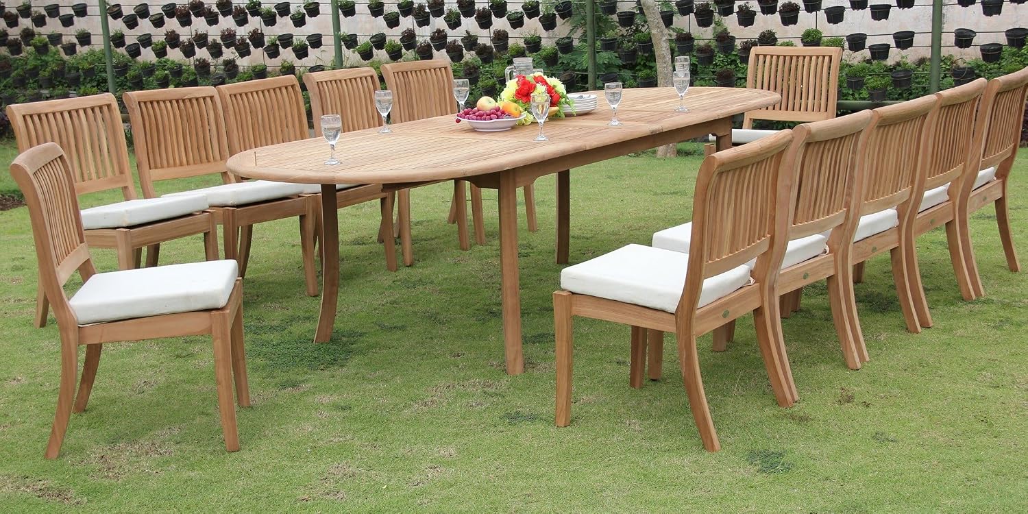 New 13 Pc Luxurious Grade-A Teak Wood Outdoor Dining Set - 117" Double Extensions Oval Dining Table and 12 Arbor Stacking Armless Chairs #WHDSAB28