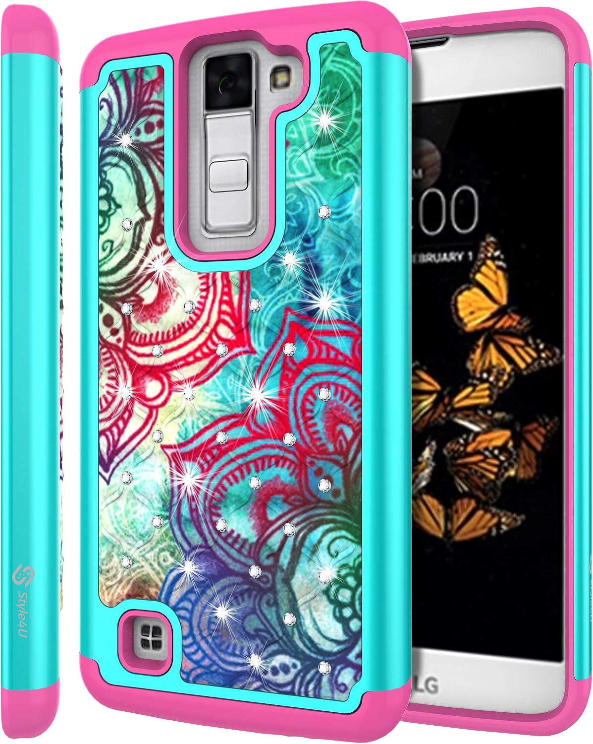 Style4U LG K8 Case, LG Escape 3 Case, LG Phoenix 2 Case, Flower Studded Rhinestone Crystal Bling Hybrid Armor Case Cover for LG K8 / LG Escape 3 / LG Phoenix 2 with 1 Stylus [Teal/Hot Pink]