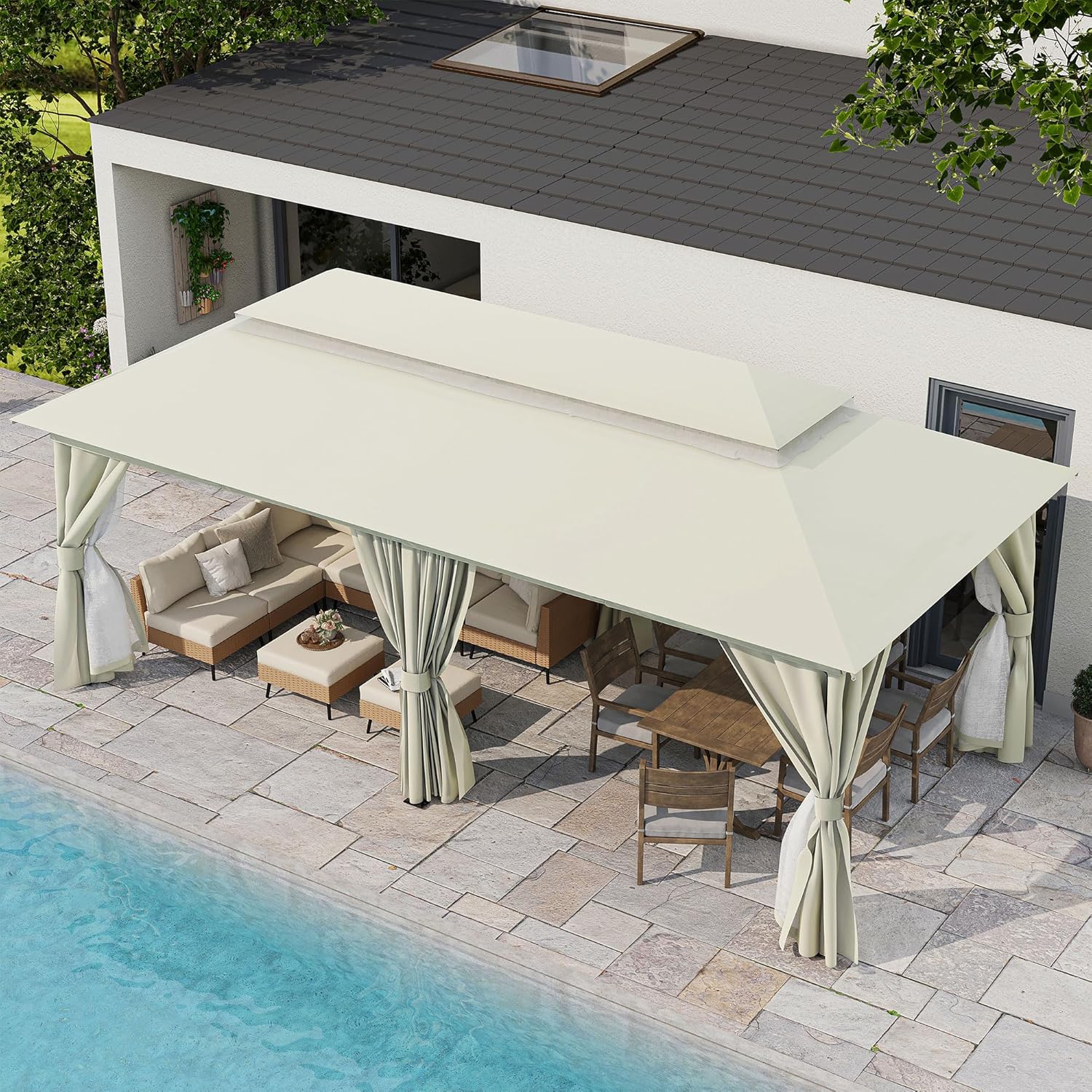 Aerial view of the LAUSAINT HOME 10'x20' Outdoor Patio Gazebo next to a swimming pool.