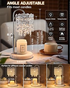 Candle Warmer Lamp with Timer Dimmer Adjustable Height Candle Warmer with Marble Base for Jar Candles, Crystal Candle Lamp with 3 Bulbs for New Home Decor, Women Mom Christmas Birthday Gifts, Silver