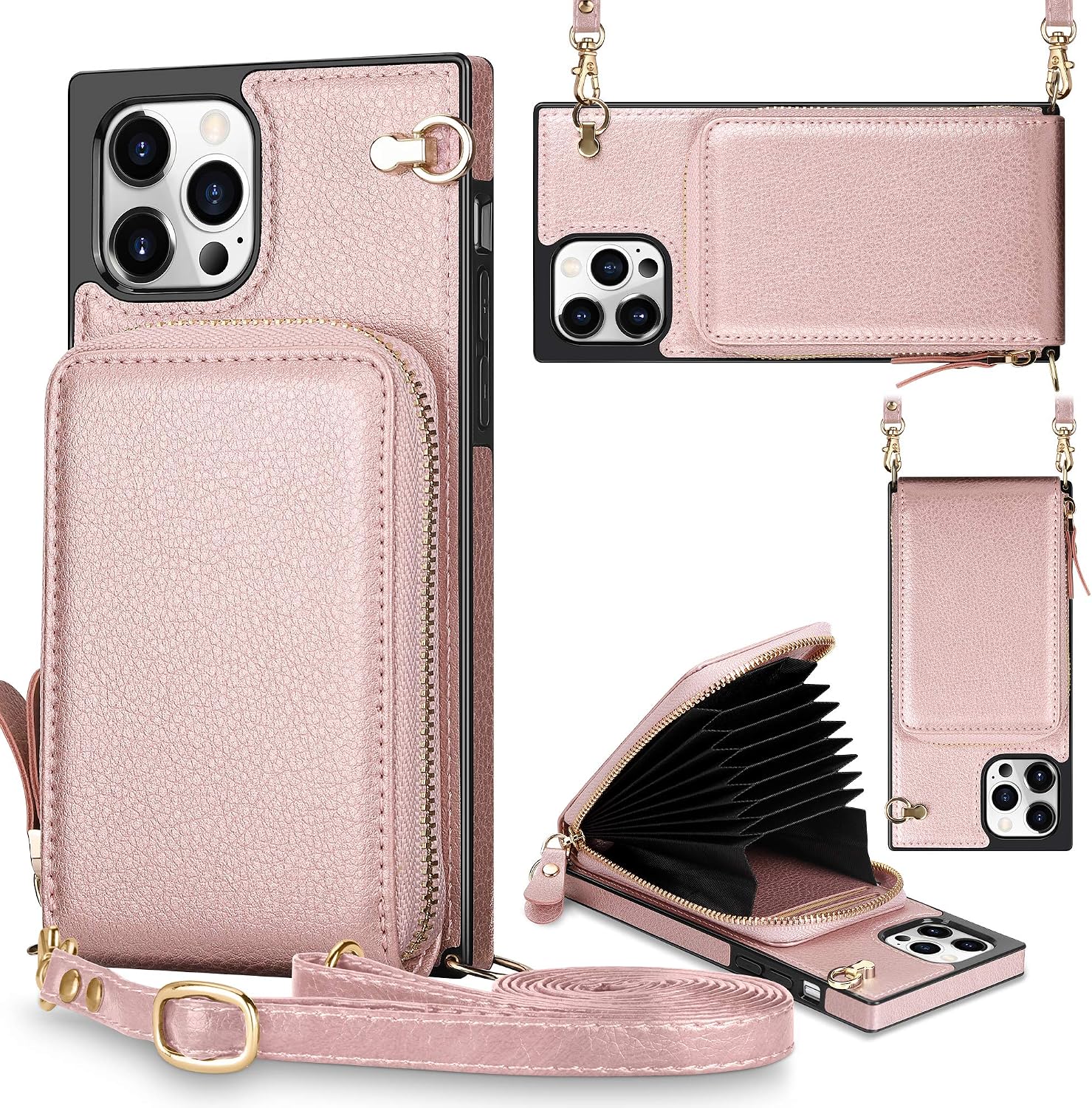 JAKPAK Compatible with iPhone 12 Pro Max Case Wallet Zipper Leather Case with Card Holder Slots Protective Square Cover with Lanyard Shockproof Case Compatible with iPhone 12 Pro Max 6.7inch Rose Gold