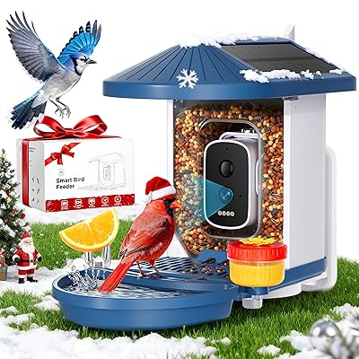 Smart Bird Feeder with Camera Solar Powered,4K HD AI Identify Bird Species, Real-Time Alert and Weatherproof, Auto Record Videos, Ideal Gift for Christmas, Tech Lovers and Parents, Blue