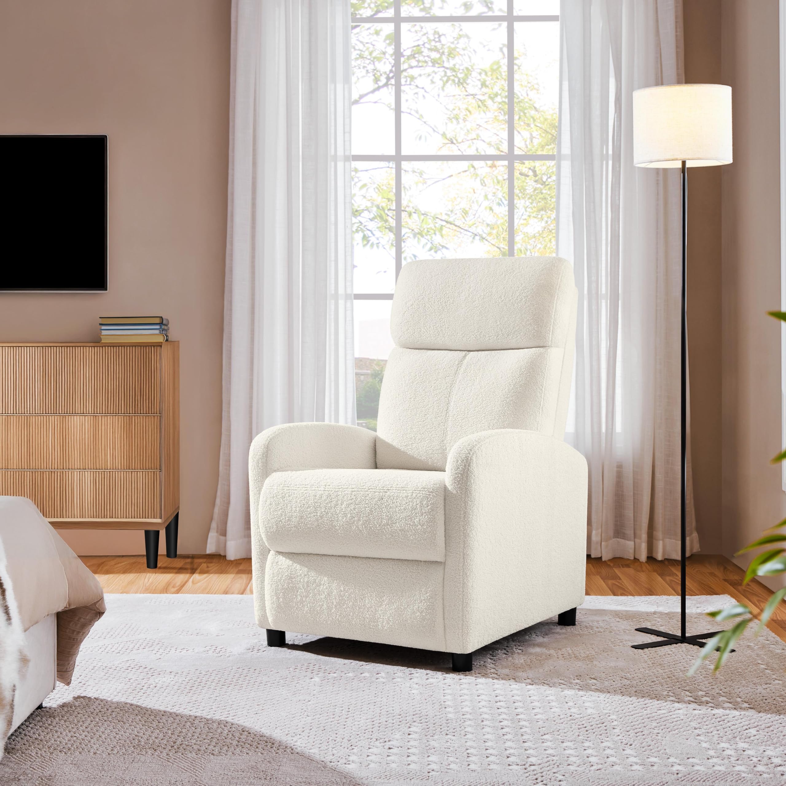 Yaheetech Fauteuil de Relaxation Petit Canapé Inclinable en Tissu Bouclette Doux en 3 Positions 1 Place avec Repose Pied/Chambre à Coucher/Home Cinéma/Salon Ivoire