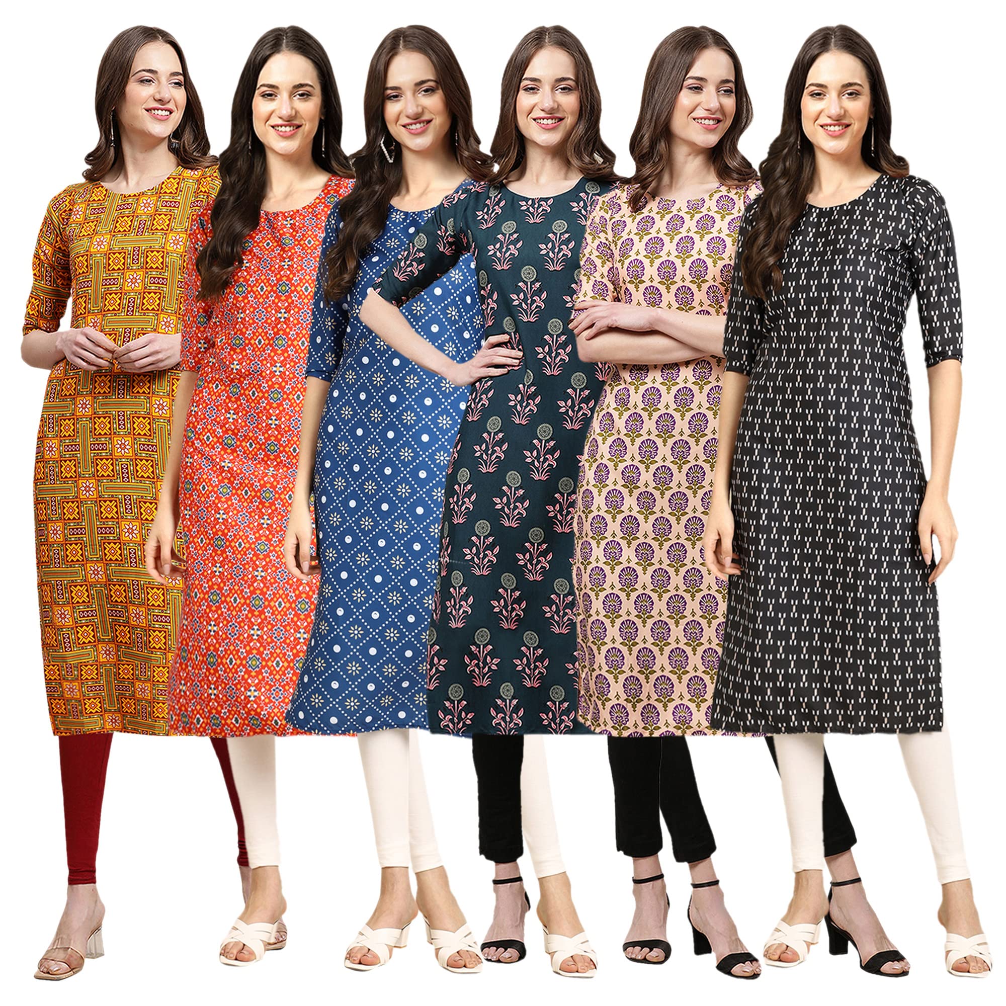 Pinkmint Women's Crepe Digital Print Straight Kurta(Pack Of 6)[Qv-333-365-353-335-332-362-M]