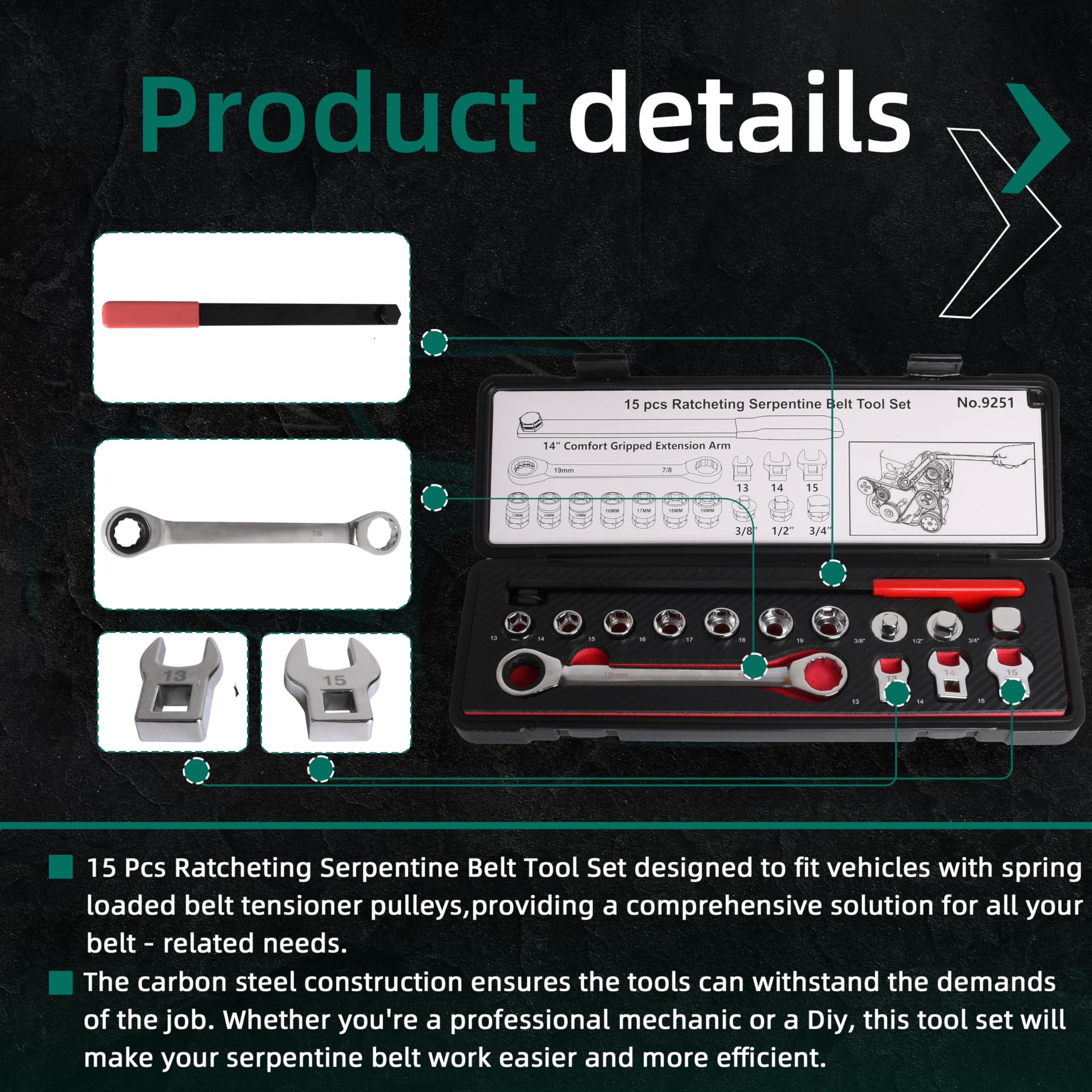 Abn Serpentine 15 Piece Ratcheting Serpentine Belt Tool Set - Includes Extension Arm, Sockets, Crowfoot Wrenches For Spring-Loaded Tensioner Pulleys Zero Degree Ratchet