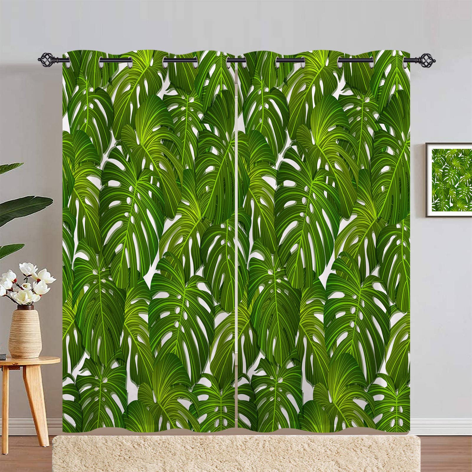 ANHOPE Tropical Curtains Eyelet 80% Blackout Room Darkening Curtains Jungle Green Palm Leaf Print Pattern Thermal Light Blocking Window Drapes for Bedroom Living Room 66 x 72 Inch Drop 2 Panels โ image 1