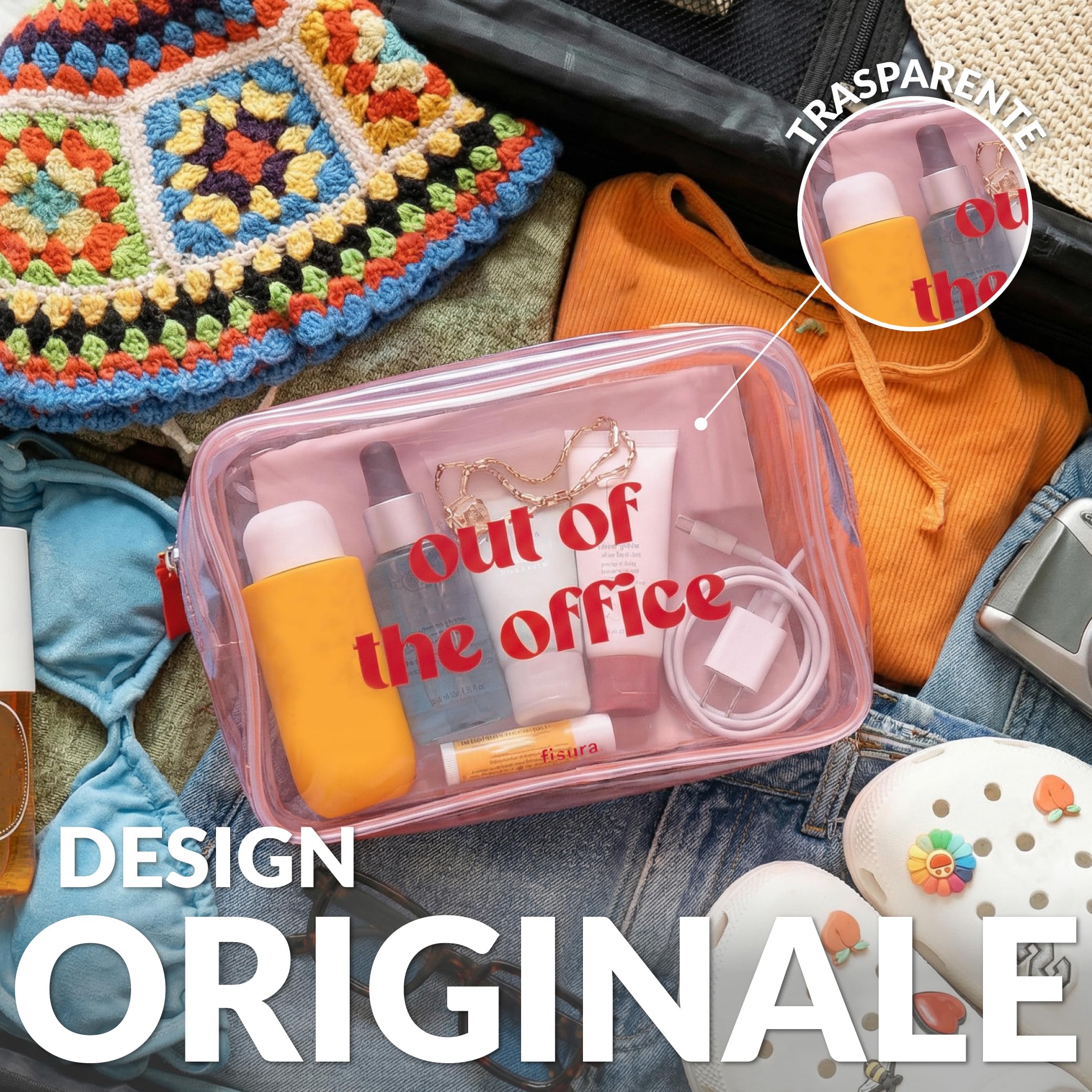 Fisura – Beauty case trasparente "out of the Office" rosa. Beauty case da viaggio grande da 3 litri per vacanze o vacanze. Beauty case da spiaggia trasparente.