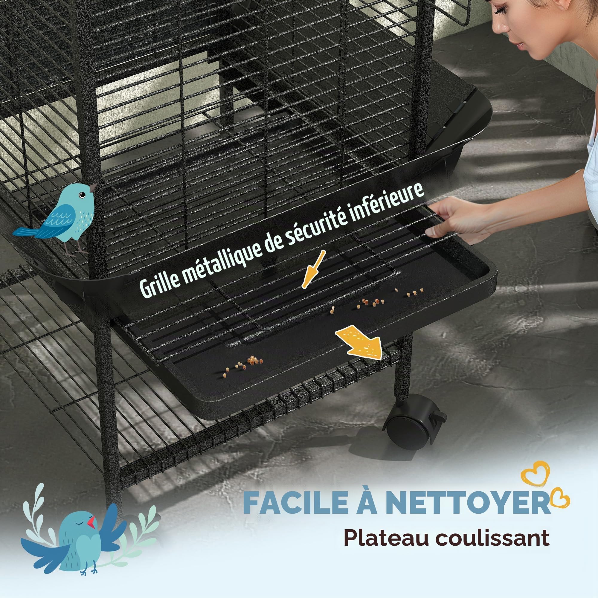 PawHut Cage à Oiseaux 62,5x62,5x146 cm Gris foncé | Roues, perchoirs, mangeoires, étagère, bac amovible, pour cacatoès & perroquets