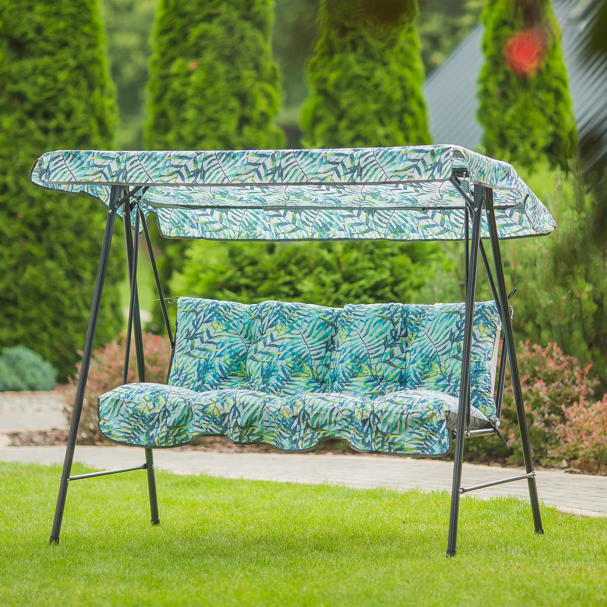PATIO Tora 3-osobowa huśtawka ogrodowa Hollywood 138 cm, huśtawka ogrodowa, poduszka na oparcie, poduszka do siedzenia z dachem chroniącym przed słońcem, wzór roślinny, kolor biały, niebieski, żółty