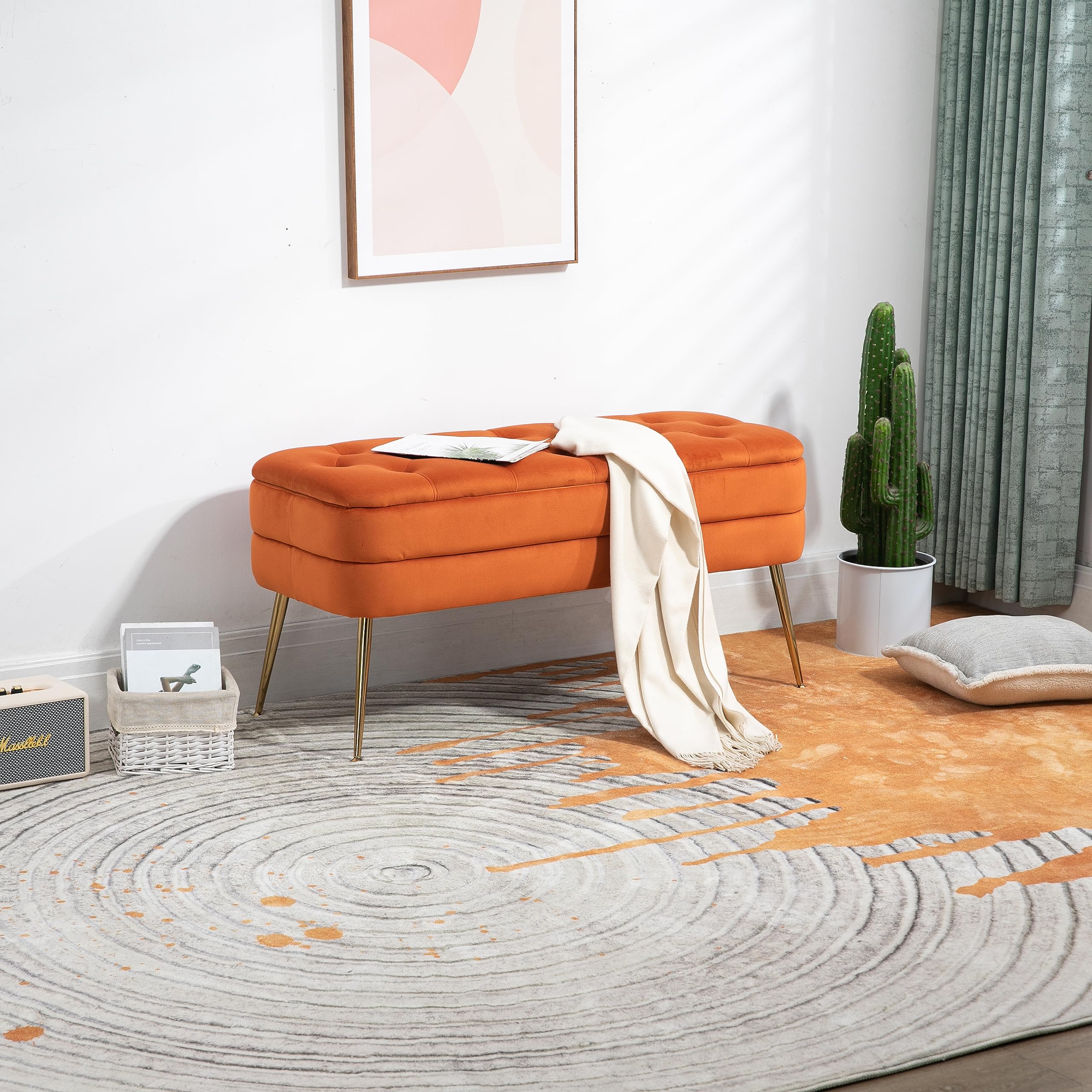 Coolmore Storage Ottoman for Bedroom, Upholstered Fabric Storage Ottoman with Safety Rail, Upholstered Footstool, Ottoman Bench for Living Room and Bedroom