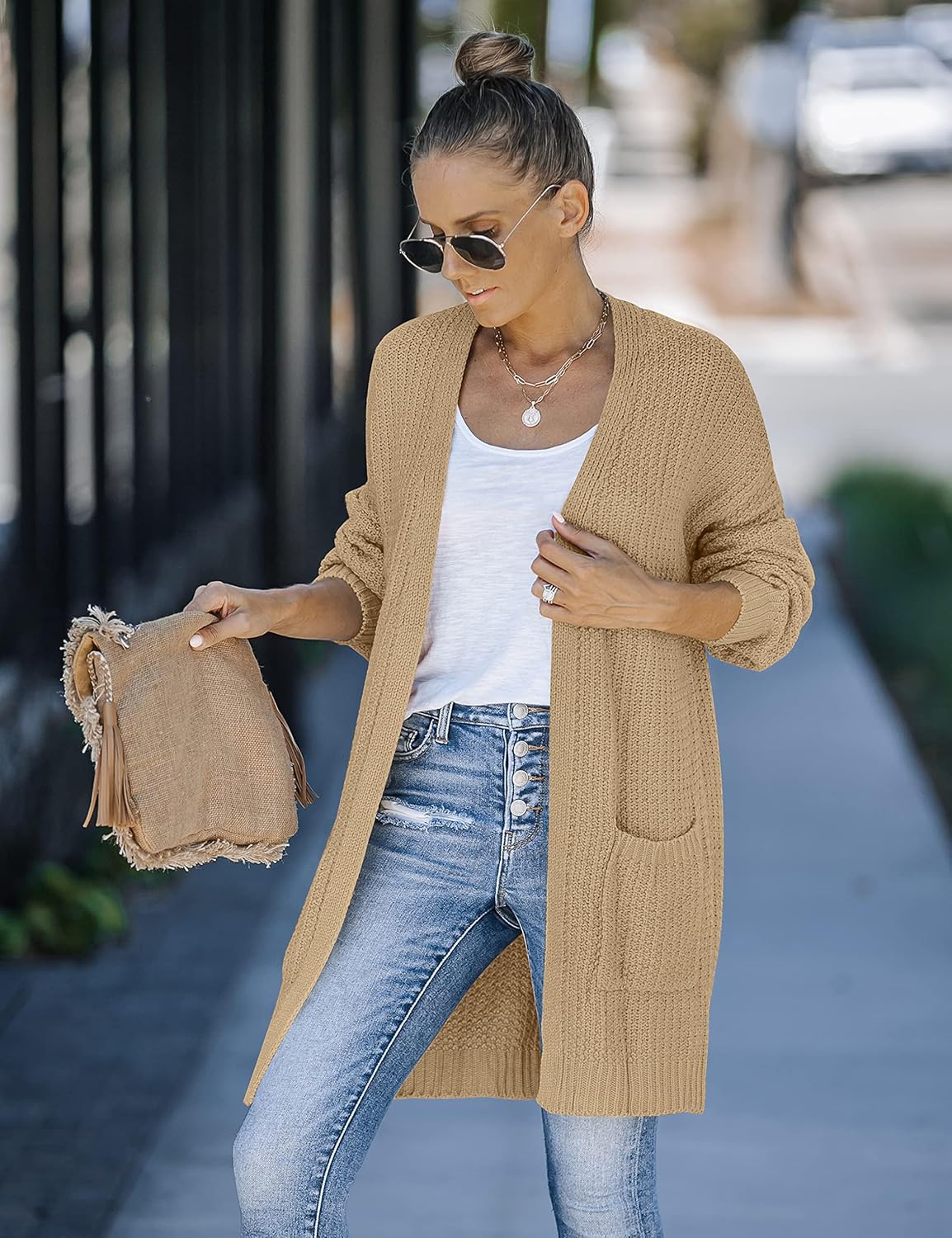 MEROKEETY Women's 2025 Fall Open Front Chunky Knit Sweater Oversized Lantern Sleeve Cardigan Outwear - Image 3