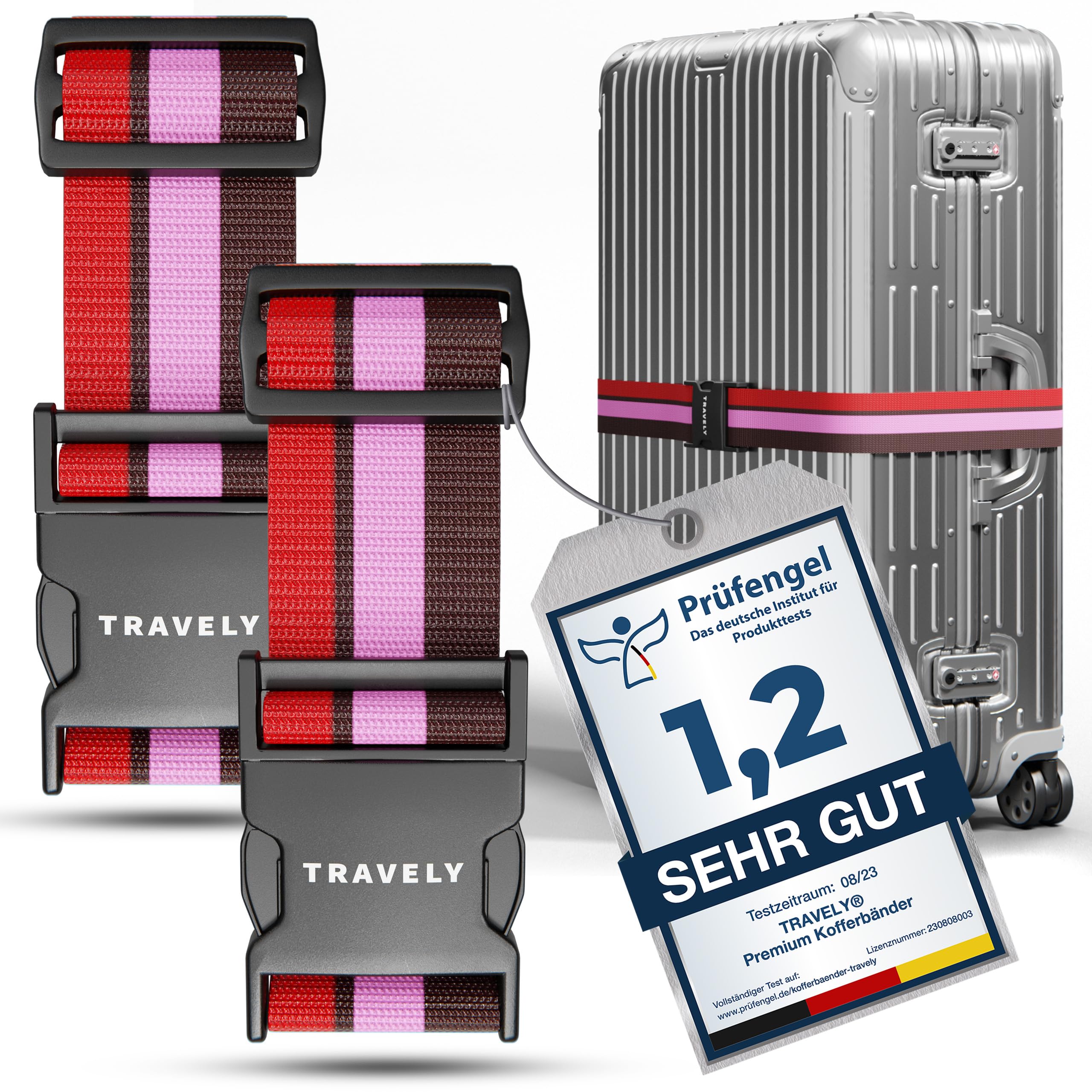 Travely® Premium Koffergurt - Besonders Auffällig & Sicher - Inkl. 2 Namensschildern - Gepäckband ideal über Kreuz - [2er Set] - Rot-Pink-Braun