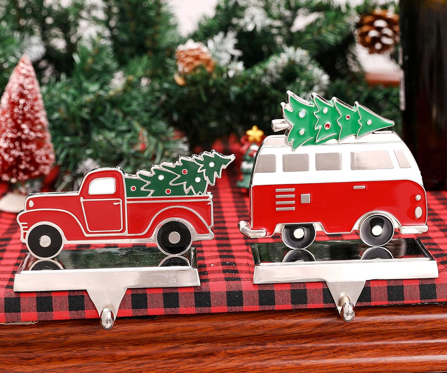 Set of 2 Christmas Stocking Holder for Mantel Christmas Decoration,Metal Red Truck with Christmas Tree Stocking Hangers for Fireplace Xmas Decoration Supplies (Truck)