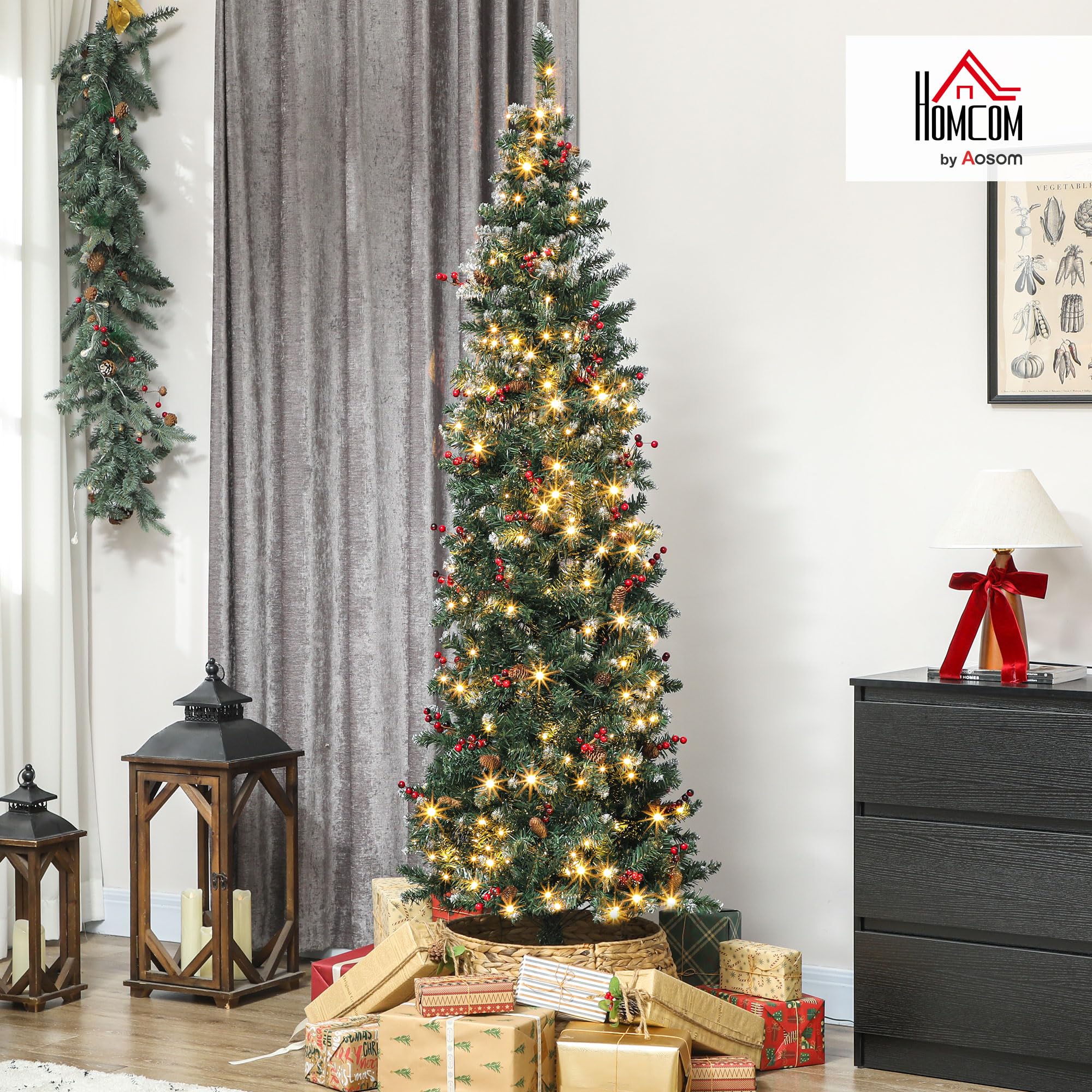 HOMCOM Árbol de Navidad Estrecho 210 cm con Luces LED Verde | Árbol de Navidad, 8 Modos de Iluminación, Ramas con Purpurina Plateada, Piñas, Bayas, Soporte Metálico