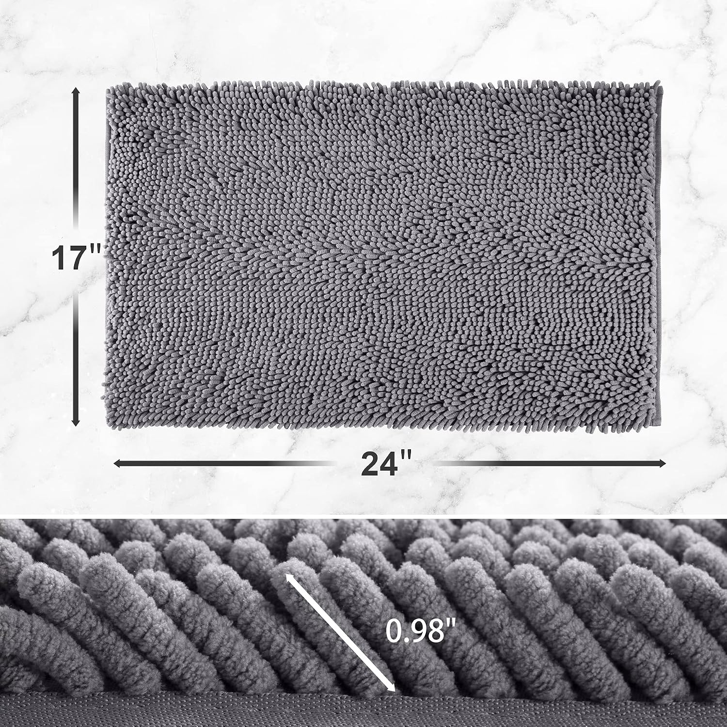 AmazerBath Gray Bath Mat Rug, Gray Bathroom Rug, Gray Bath Mat Non-Slip, Soft Chenille Shower Mats for Bathroom, Super Water Absorbent, Machine Washable, 17x24 Inches, Grey