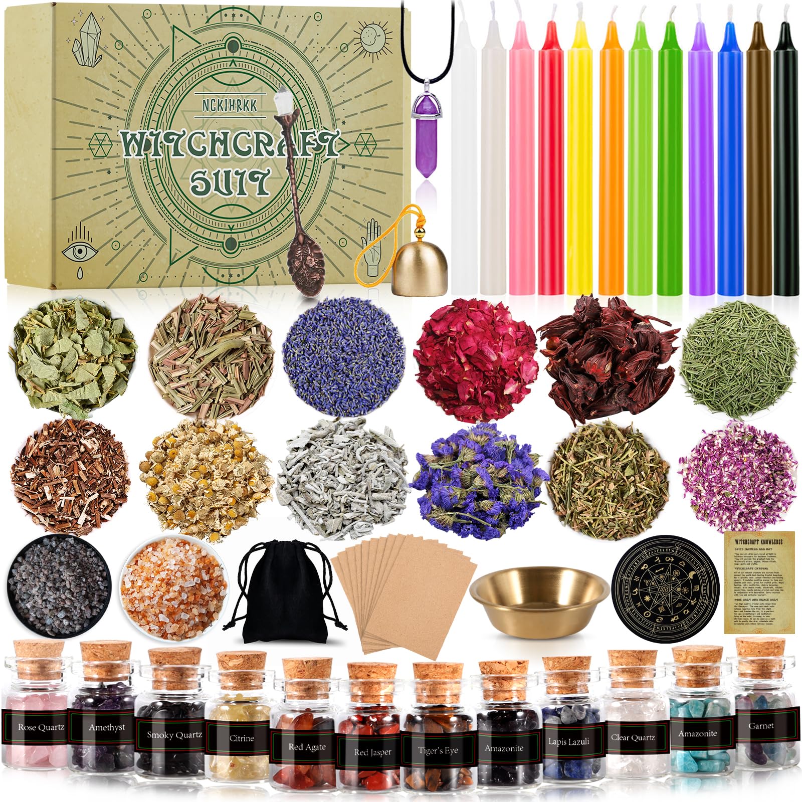 Kit Sorcellerie Complet Bougies Pierres Cristal Herbes - Coffret Magie Et Rituel