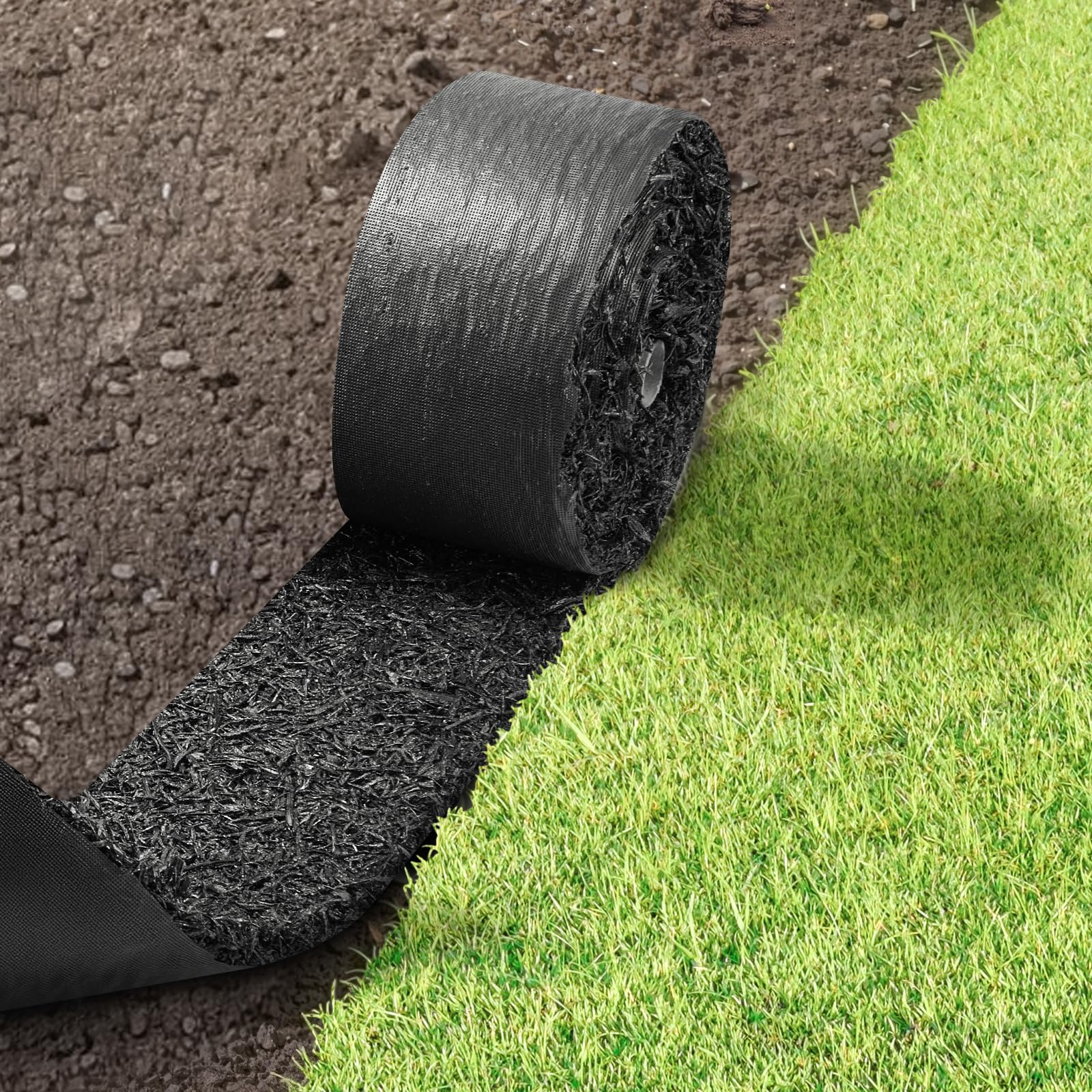 VEVOR Telo Pacciamatura Antierbacce per Orto Giardino 4 Rotoli da 3050 x 115 x 13 mm, Bordatura Permanente in Gomma, Barriera per Fiori dall'Aspetto Naturale con Picchetti, Nero