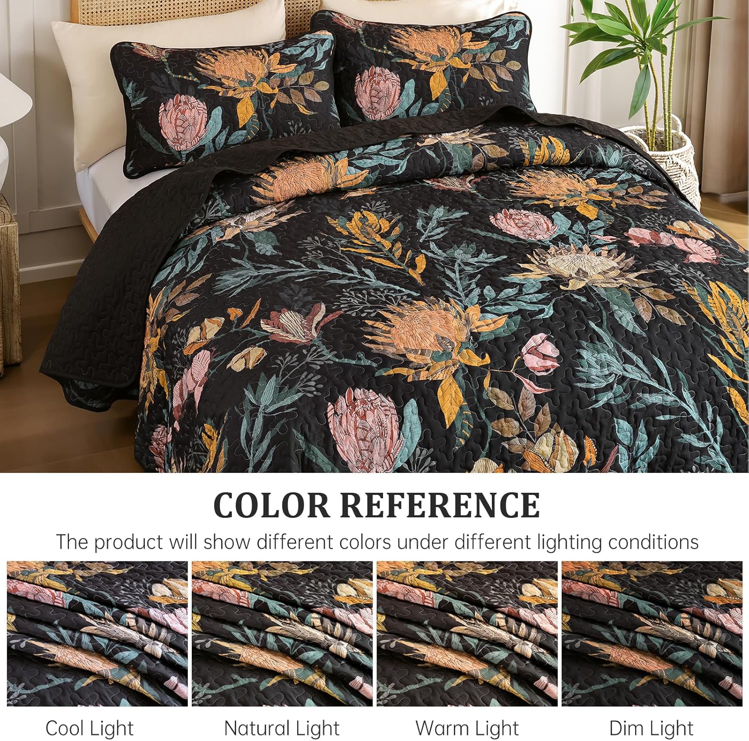 Dintszyayue Quilt Queen Size Black, 3 Pieces Boho Floral Bedspread Bedding for Queen Size Bed, Soft Lightweight Microfiber Coverlet Set for All Season Quilt with 2 Pillowcases - Image 8