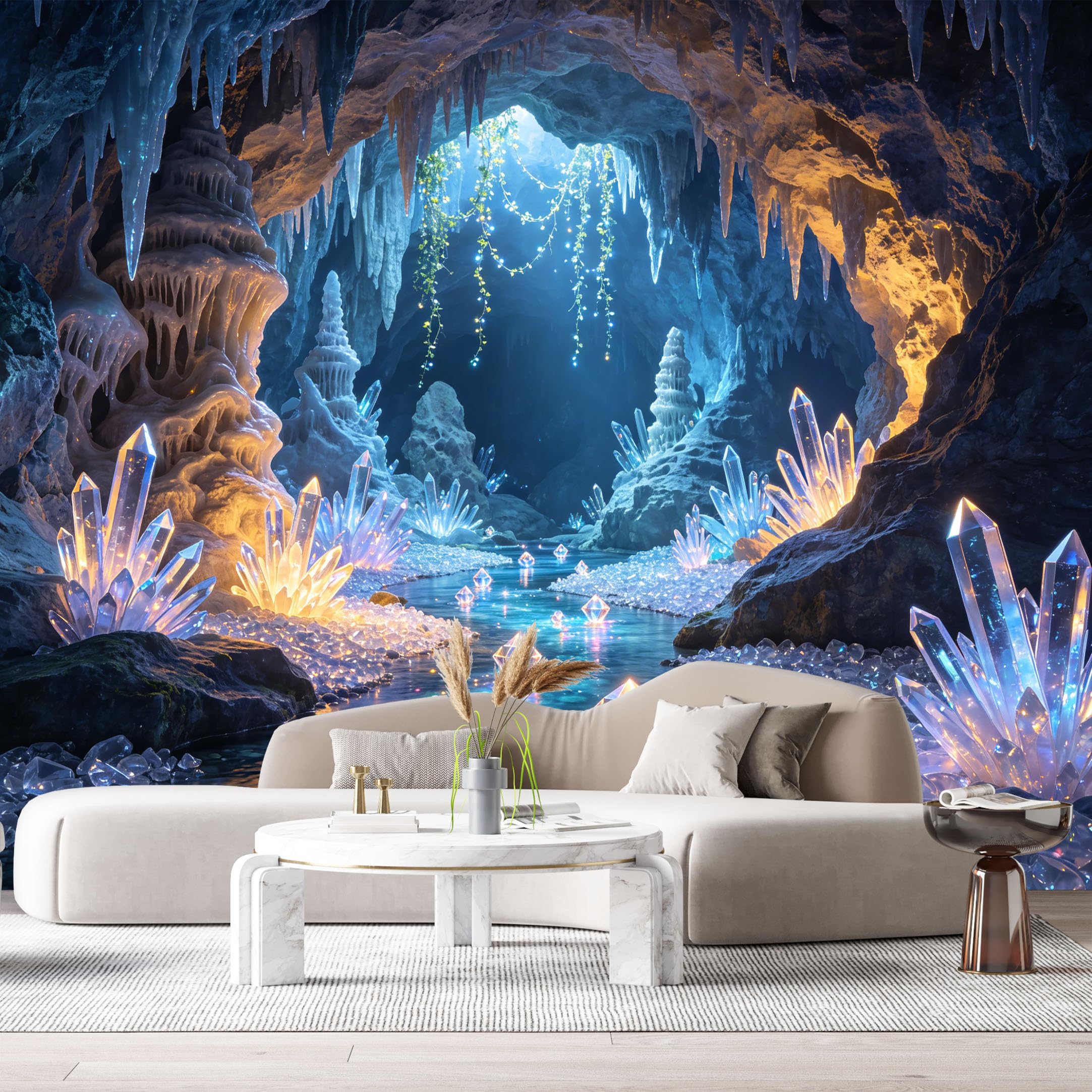 Custom Size Wall Murals Glowing Crystal Cave Underground River 3D Trompe L'Oeil SelfAdhesive Wall Fabric Removable Large Wallpaper for Photo Living Room Interior Decor