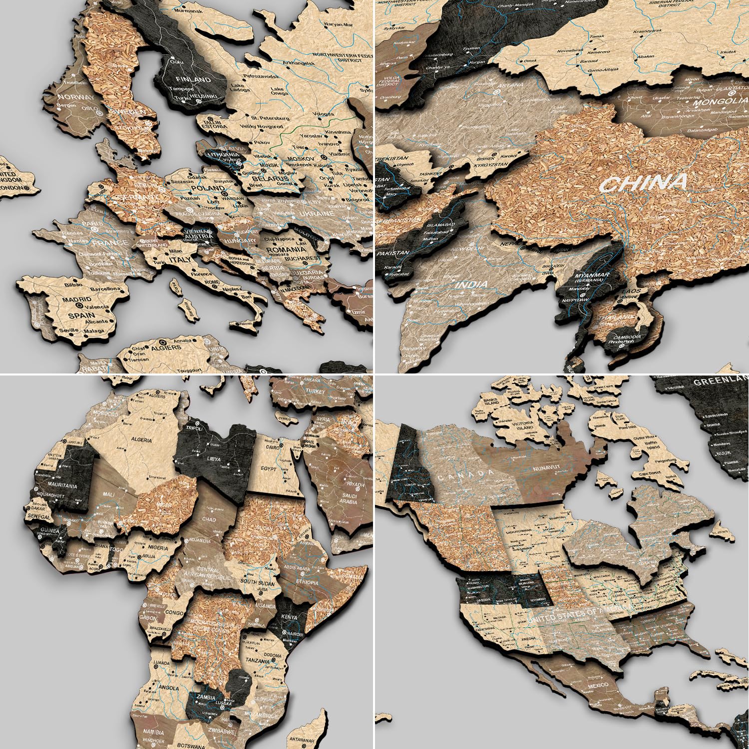 Giallobus - Planisfero in Legno - Mappa del Mondo 3D - Legno MDF - 120.5L x 70.5l cm - 16 - RAW OVERLAY - Decorazione Parete - Legno MDF Multilivello - Soggiorno Ufficio Camera