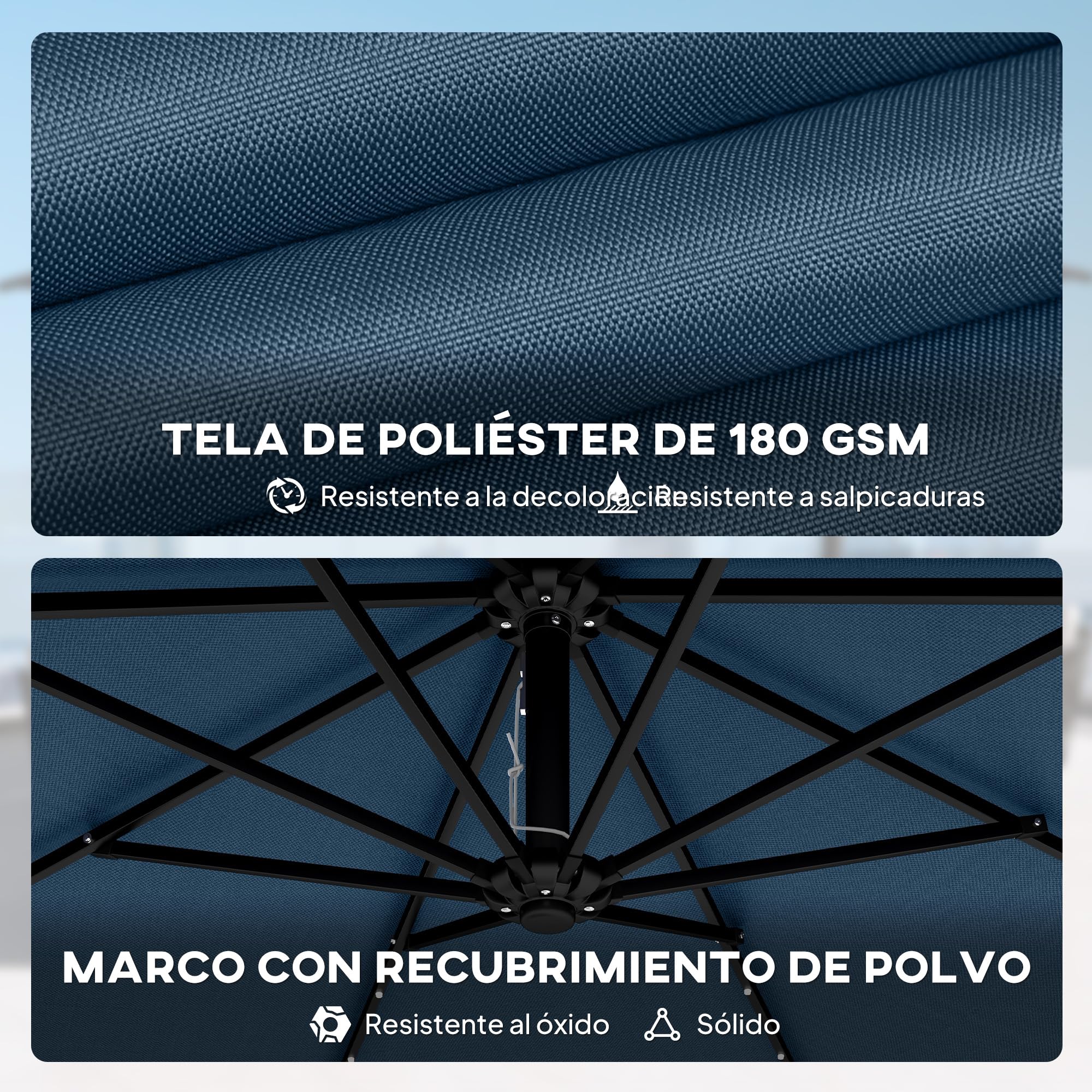 Outsunny Parasol Excéntrico con Luces LED Solares Ø345 cm Azul Marino | Sombrilla de Jardín de Aluminio, Base Cruzada, Manivela, Funda Protectora, Cuerdas de Viento, UPF50+, Terraza Exterior