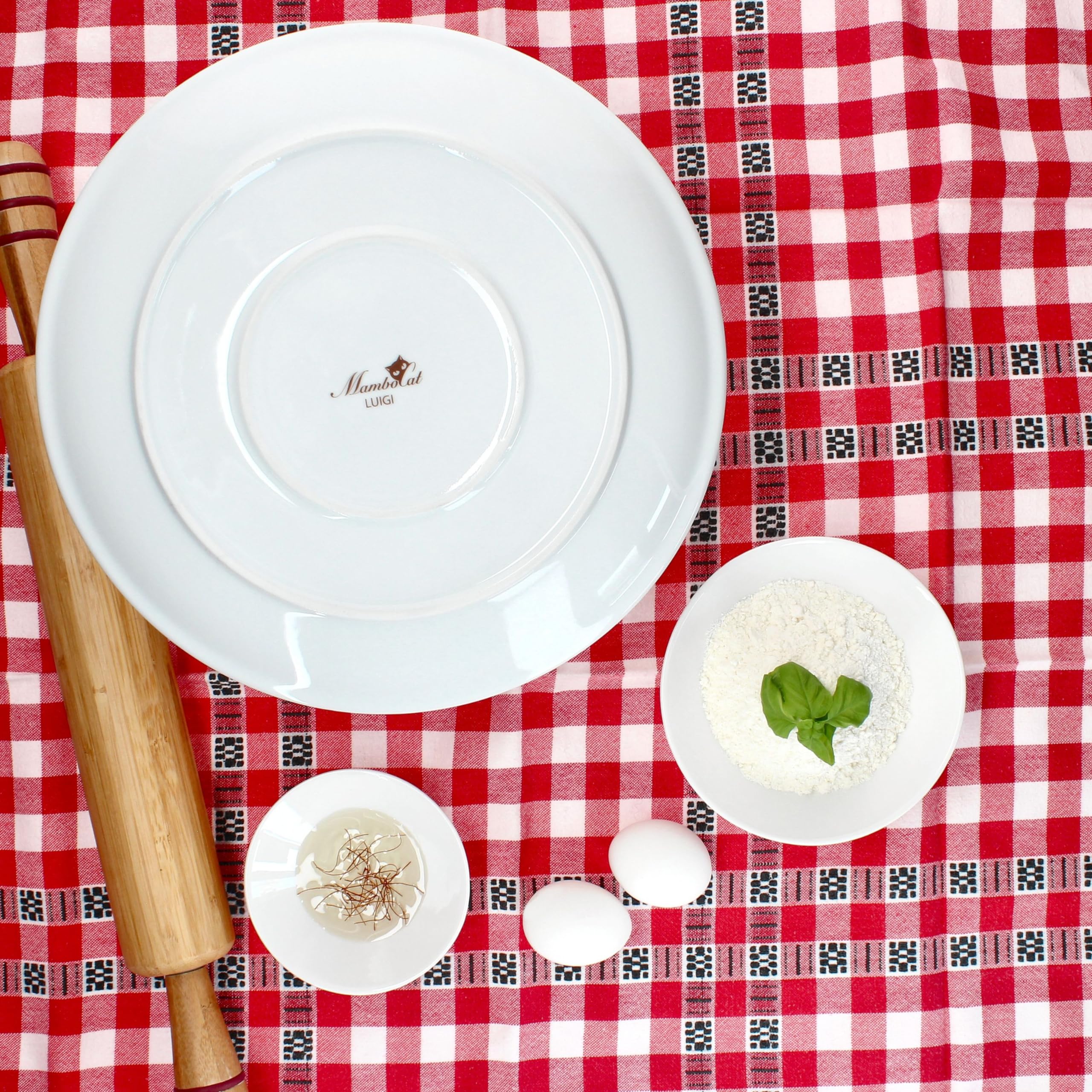 MamboCat Luigi Lot de 6 assiettes à pizza I Ø 30,5 cm I pour 6 personnes I Grandes assiettes à pizza blanches en porcelaine avec motif de pizzaiolo I Pour pizzas ou pour servir I Assiettes plates