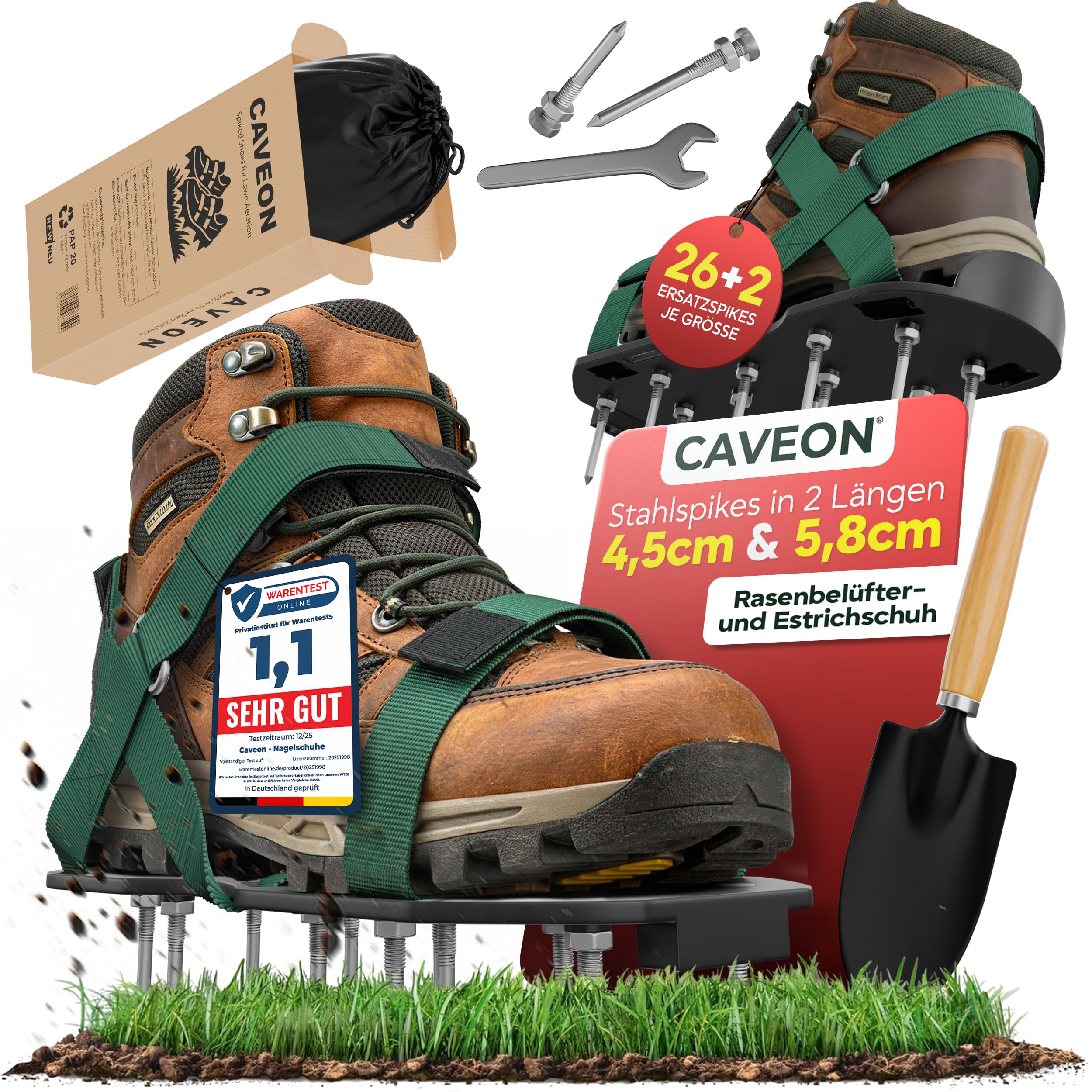 Caveon® Premium Nagelschuhe – Rasenbelüfter & Estrichschuhe mit Klettverschluss für sichtbar dichteren grünen Rasen – Aerifizierer ohne Geräte – Stahlspikes, 2 Nagellängen, inkl. Schaufel & Beutel - 2