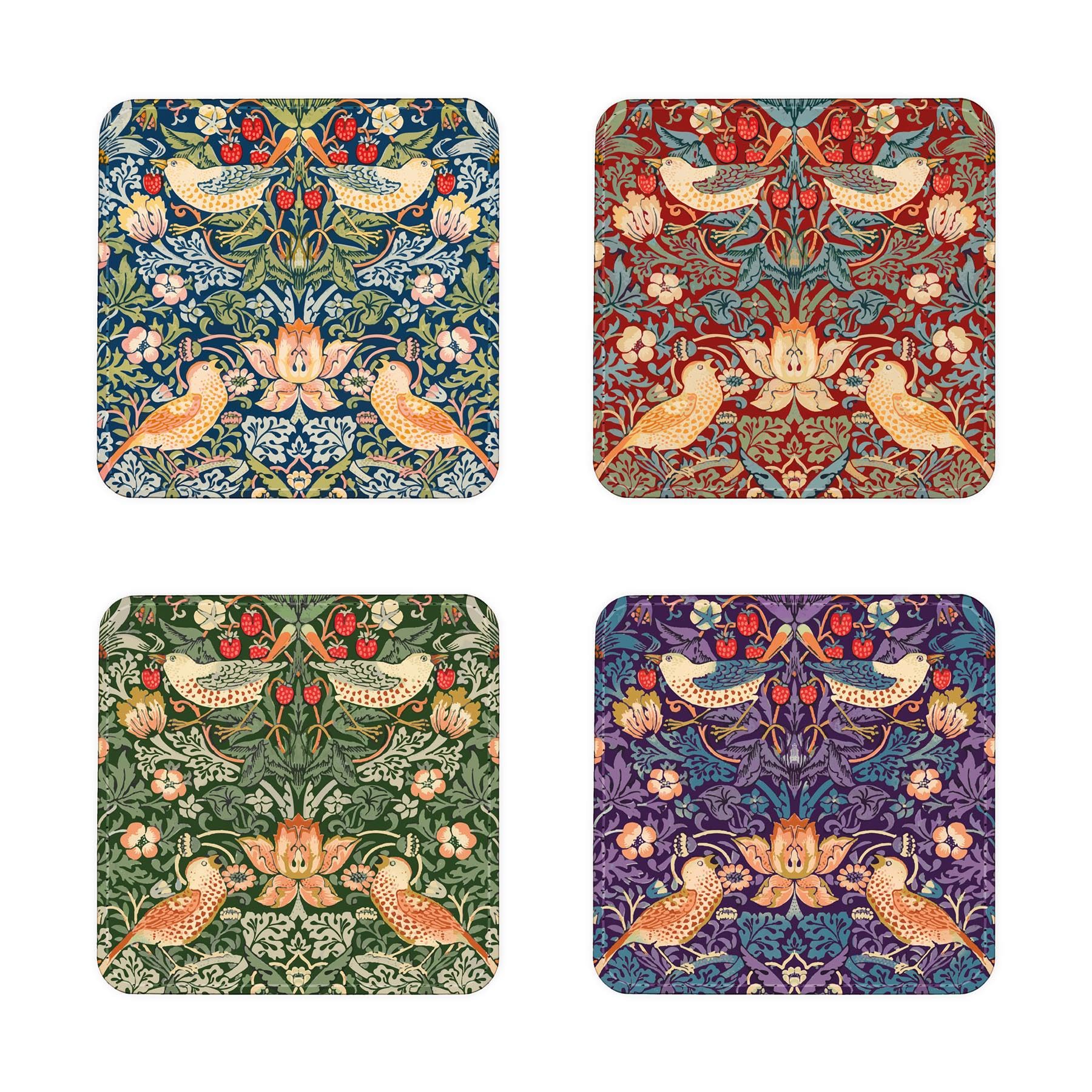 Set of 4 Strawberry Thief Mix Faux Leather Coasters - Tableware Gift