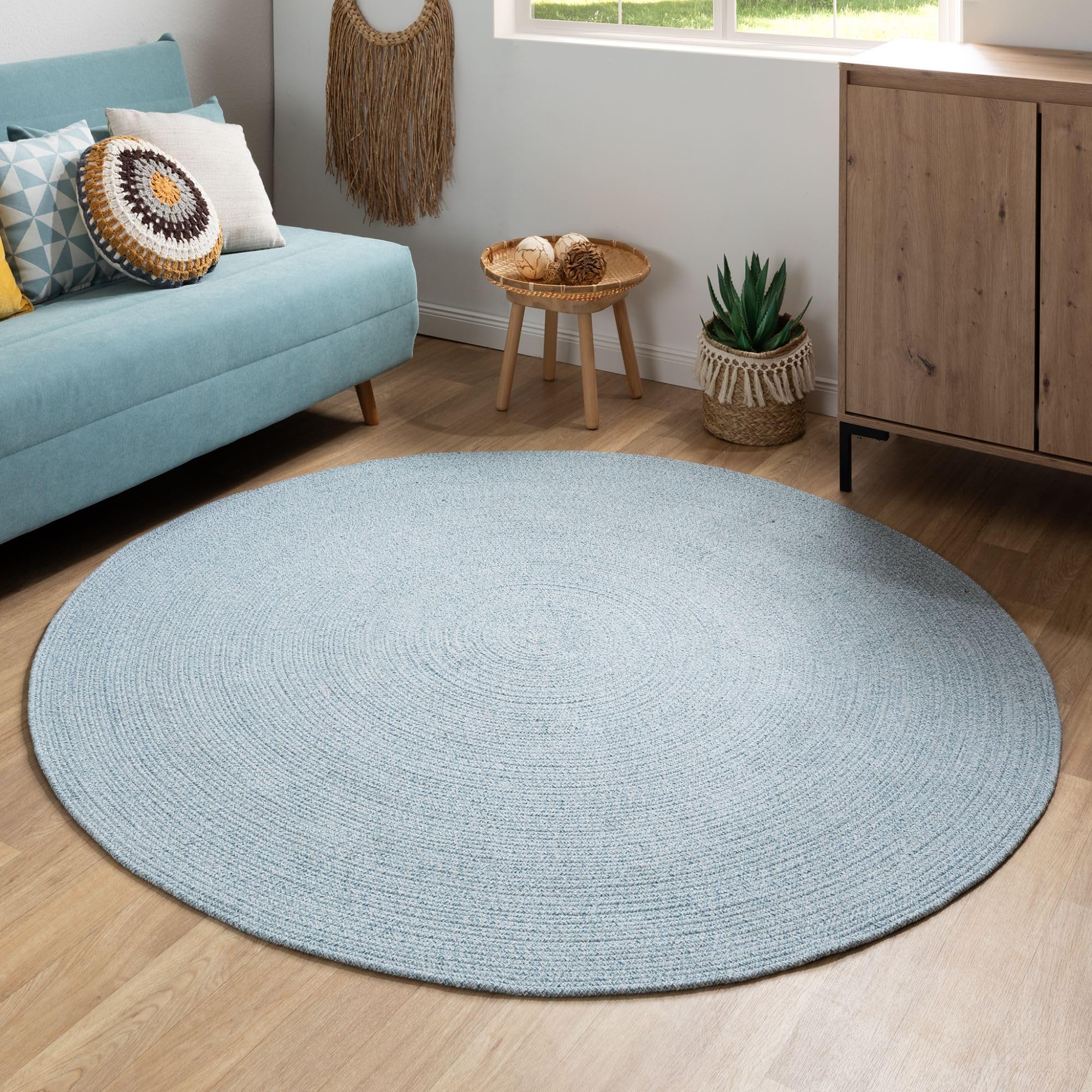 Steffensmeier Handweb Teppich Bali | 100% Baumwolle, Hellblau meliert, handgefertigt, Größe: Ø 120 cm | Flur, Eingangsbereich, Wohnzimmer