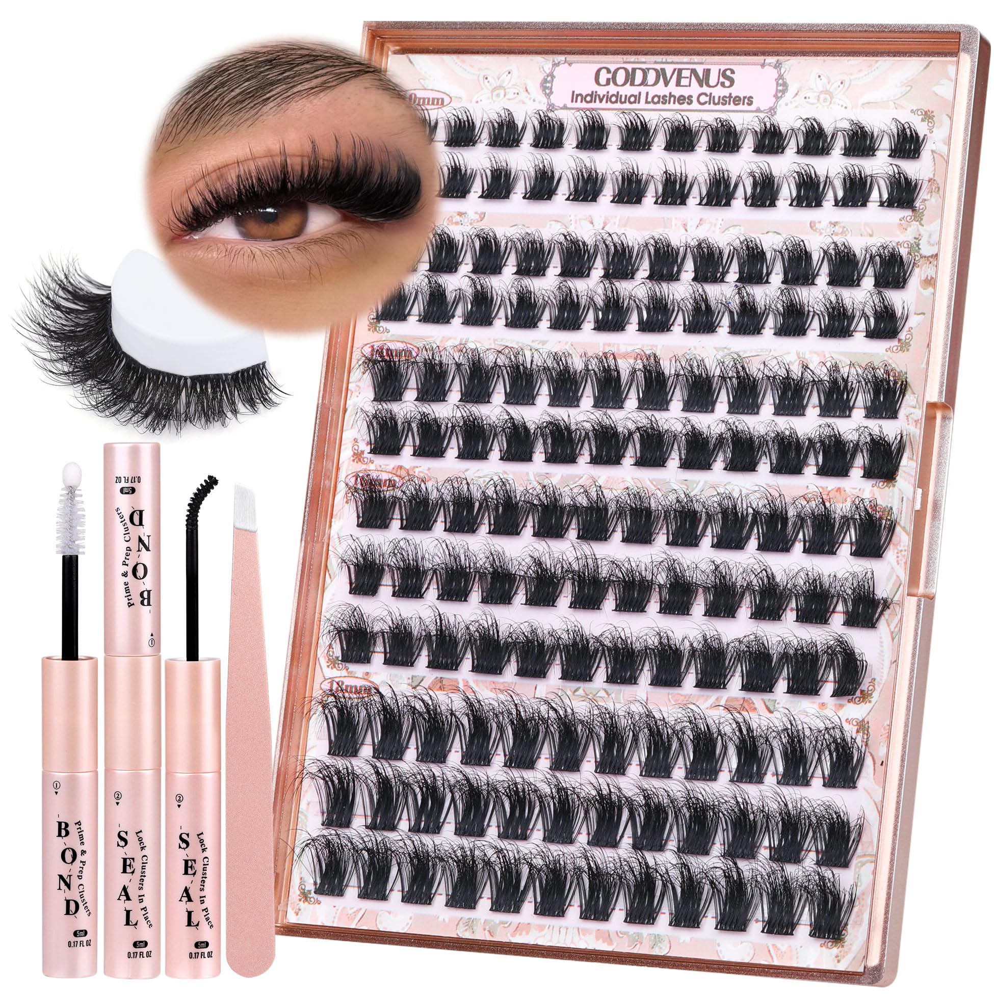 Goddvenus Fluffy Lash Extension Kit Thick Lash Clusters Kit with Lash Bond and Seal and Lash Tweezers Individual Lashes 144pcs DIY Eyelash Extensions Kit (0.02mm 10-18mm D Curl)