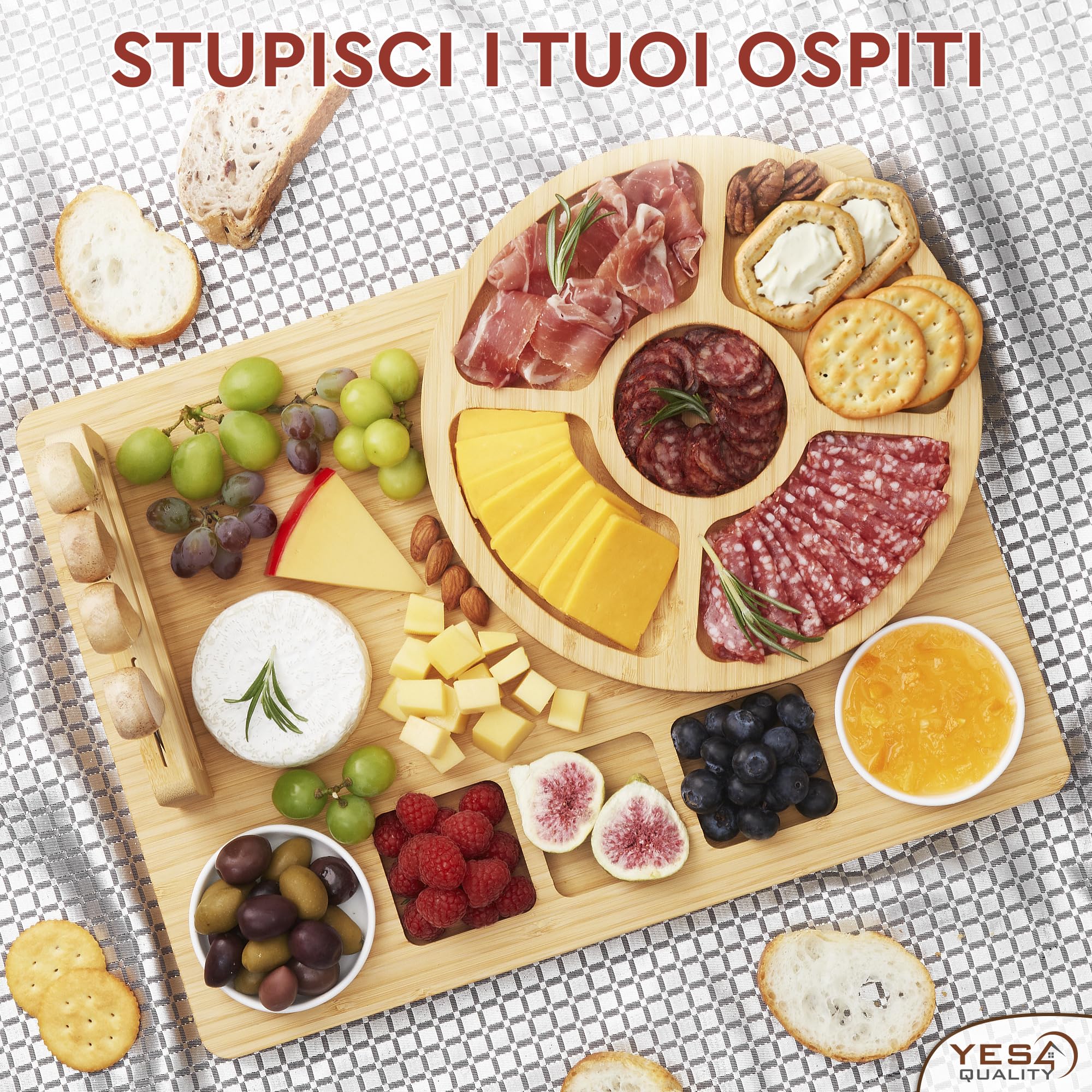 Set regalo deluxe taglieri per salumi - 15 pezzi, bambù - Grande tagliere per formaggi + vassoio per festa della mamma, compleanno, inaugurazione della casa, addio al nubilato