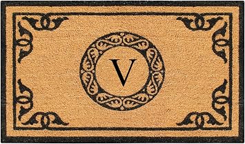 A1HC Natural Coir Monogrammed Doormat for Outside Entrance, Anti-Shed Treated Mats, Heavy Duty Durable EntryMat, Easy to Clean Front Door Mat - V, 24" X 39"