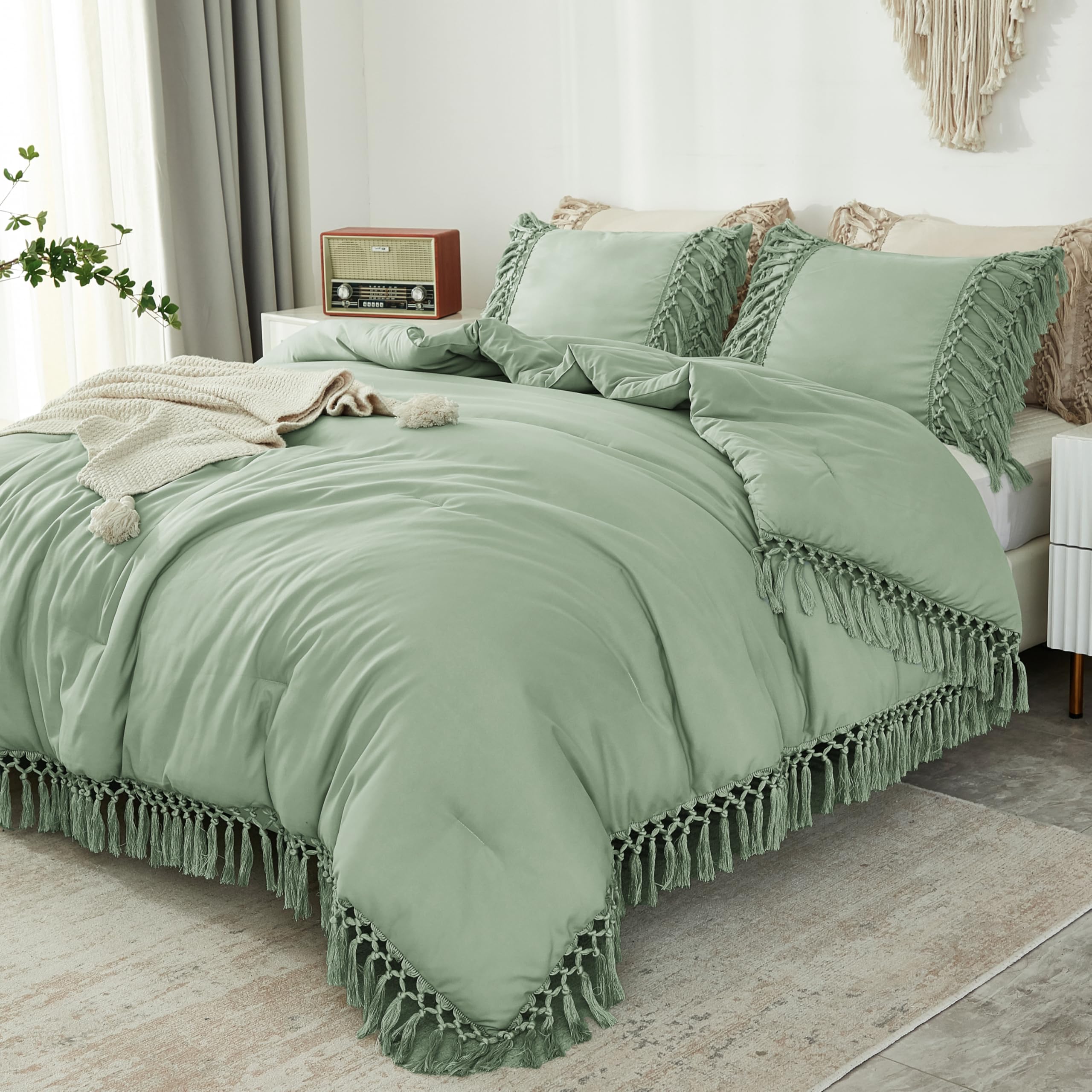 Andency Full Size Comforter Set Sage Green, 3 Pieces Boho Tassel Lightweight Vintage Soft Bedding Comforter Sets, All Season Fluffy Fringe Bed Set (