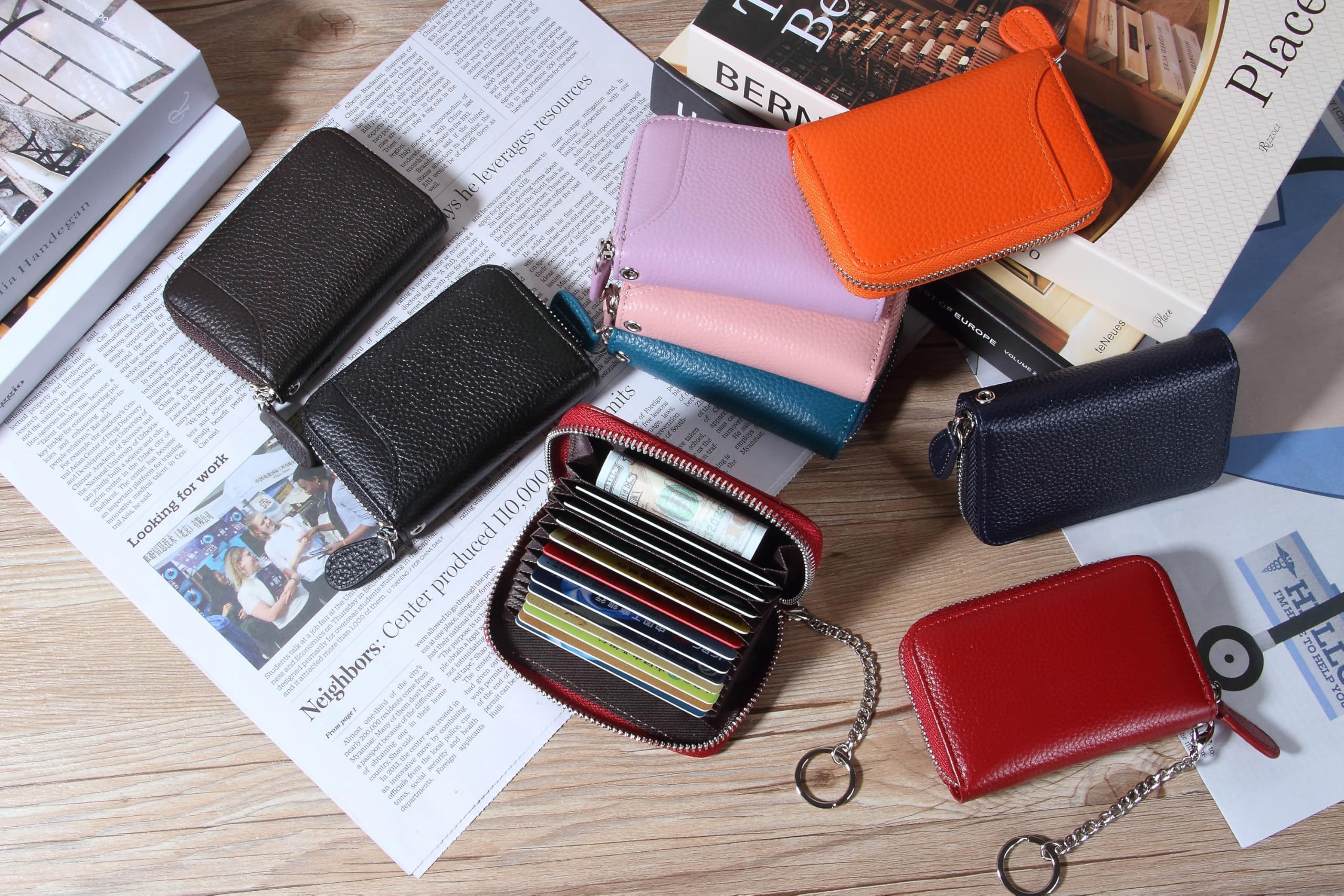 GADIEMKENSD Etui na karty kredytowe, ochrona RFID, skórzany portfel, 14 przegródek, etui na karty z zamkiem błyskawicznym, pomarańczowy, 11 x 7.5 x 2.5 cm, Portfel RFID
