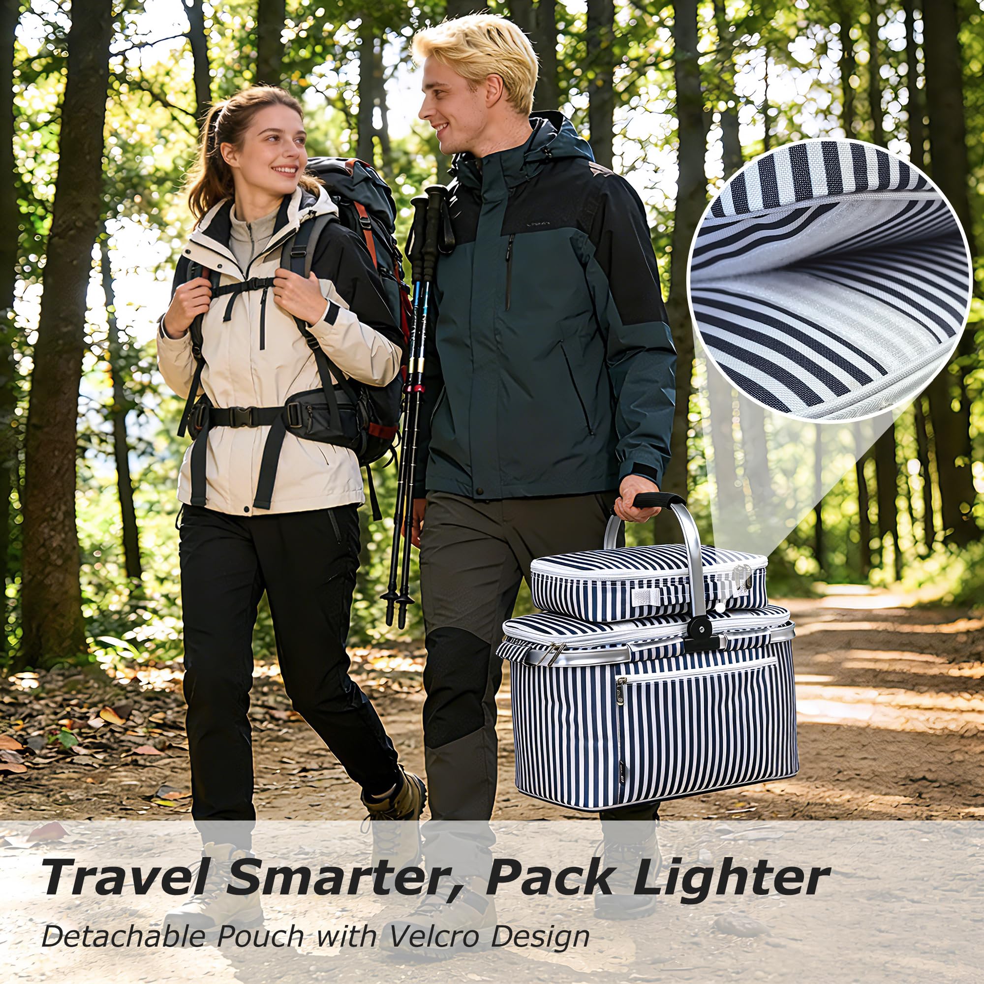 Kato Tirrinia 34 L Einkaufskorb faltbar kühltasche mit Deckel, picknickkorb 2 personen mit Bestecktasche, Aluminiumrahmen picnic basket, 42.67×24.6×25.4cm, für Einkäufe, Reisen und Picknick (Streifen)