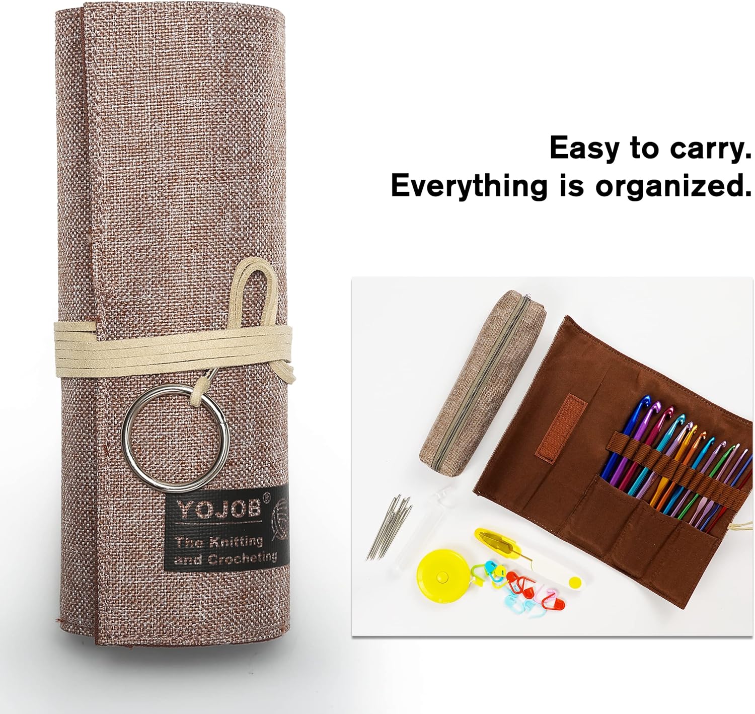 Traditional Aluminum Crochet Hooks Case, 14 Slots Roll-up Crochet Hook Organizer with a Detached Zipper Bag (Beige-Orange) - Image 4