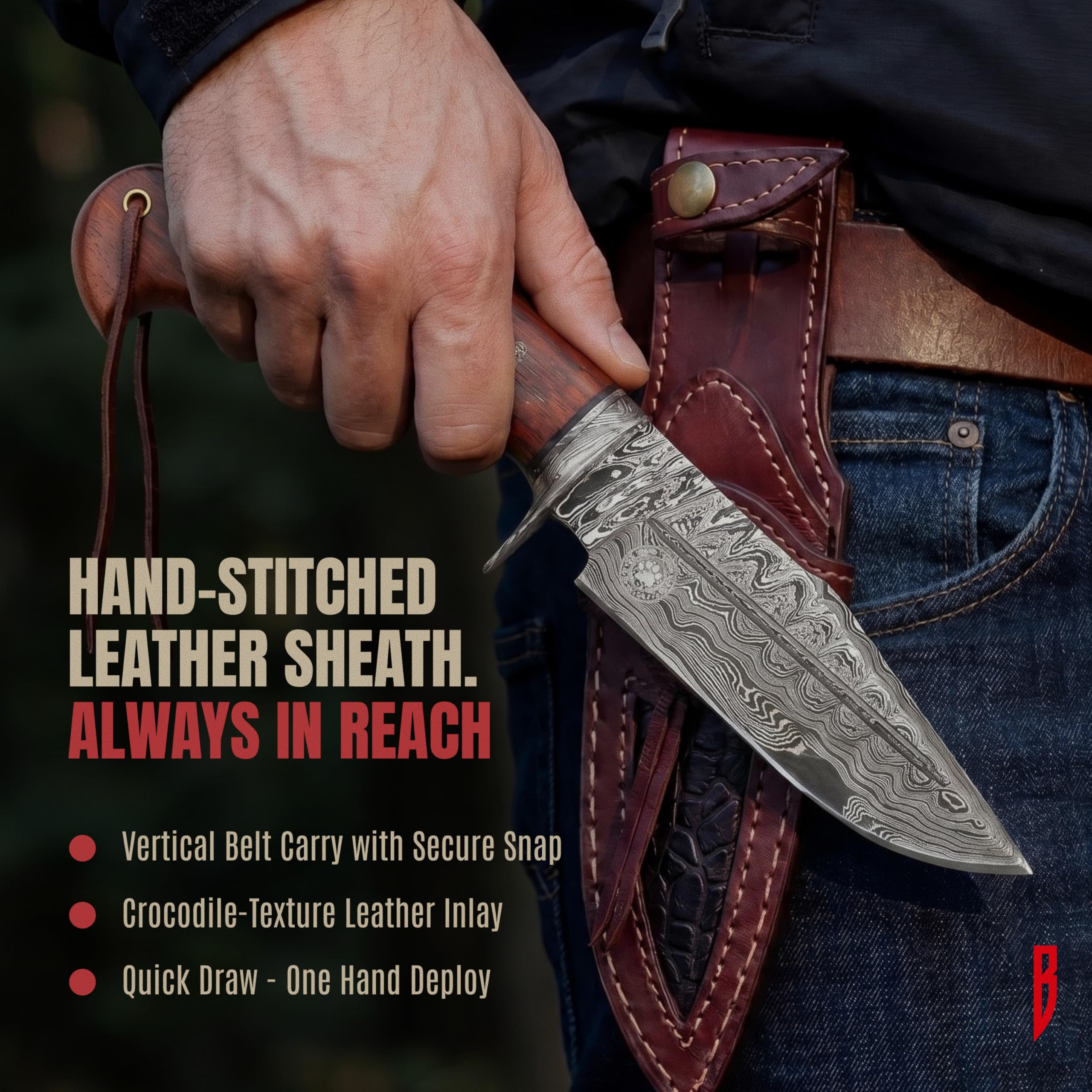 BIGCAT ROAR Deer Hunter - Coltello da Caccia in Acciaio Damasco Artigianale 25 4 cm - Manico in Legno di Noce e Fodero in Cuoio - Bushcraft Campeggio Sopravvivenza - Regalo Uomo Cacciatore