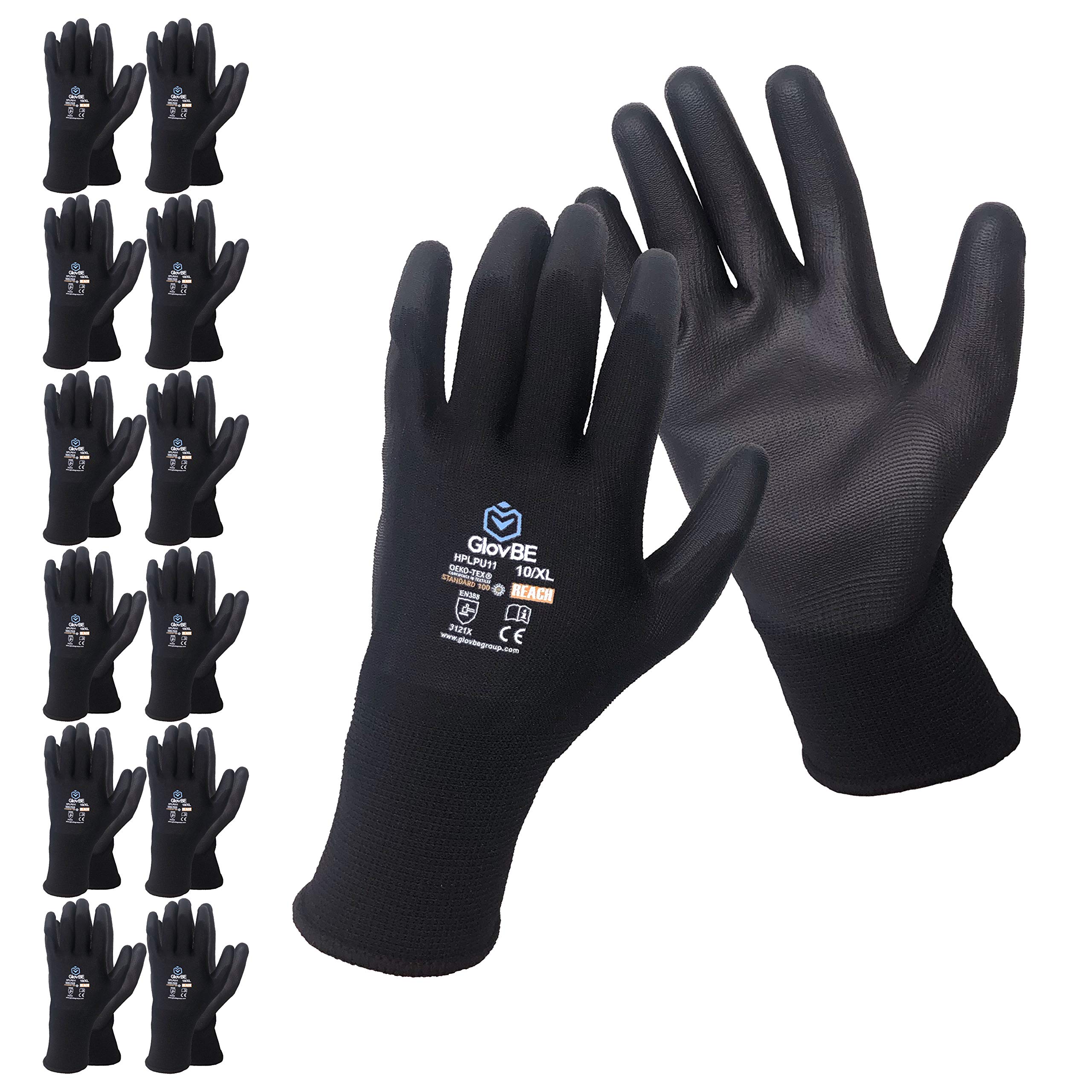12 Pairs Gardening Working Polyester Gloves, Polyurethane (PU) Palm Coated, Safety Rubber Comfort Construction Mechanic Safety Gloves for Men & Women, Grey/Black