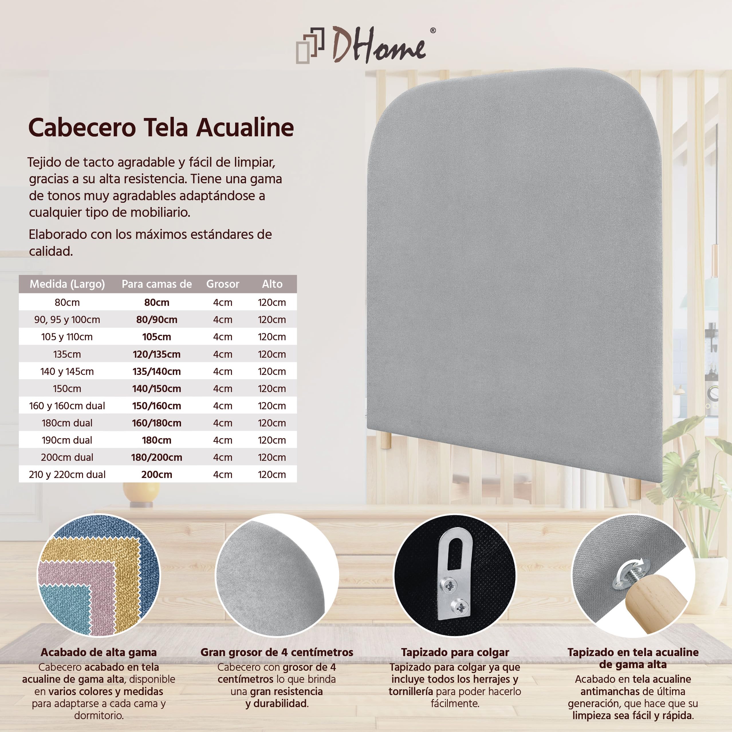 DHOME Cabecero Suelo Curvo Tapizado de Tela Acualine, Esquinas Redondeadas, Cabezal Tapizado Cama Dormitorio Moderno Top Trending (Gris Claro, 110cm)