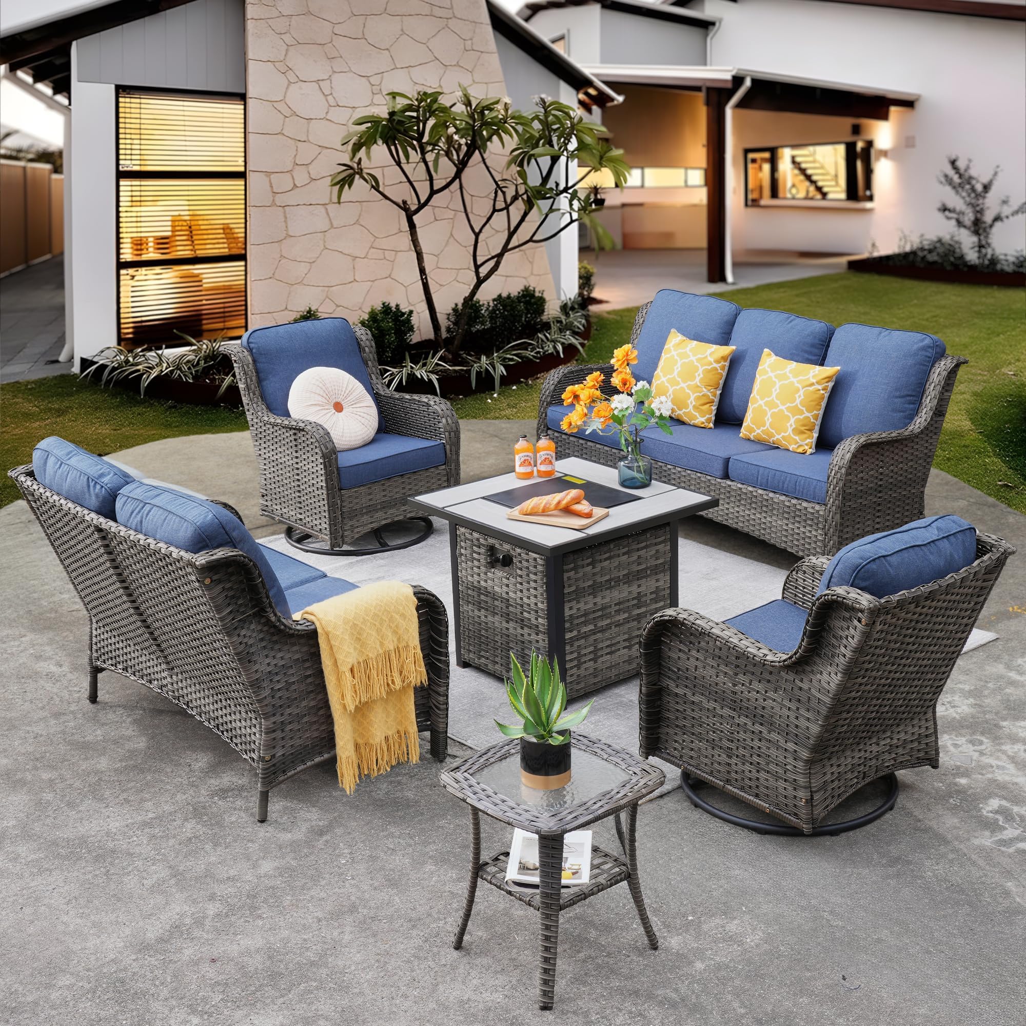 ovios 6 Pieces Patio Furniture Set with 30 inch Fire Pit Table, Outdoor Wicker Sofa Couch Loveseat, Swivel Rocking Glider Chairs, Modern Conversation Set, Grey Rattan, Denim Blue