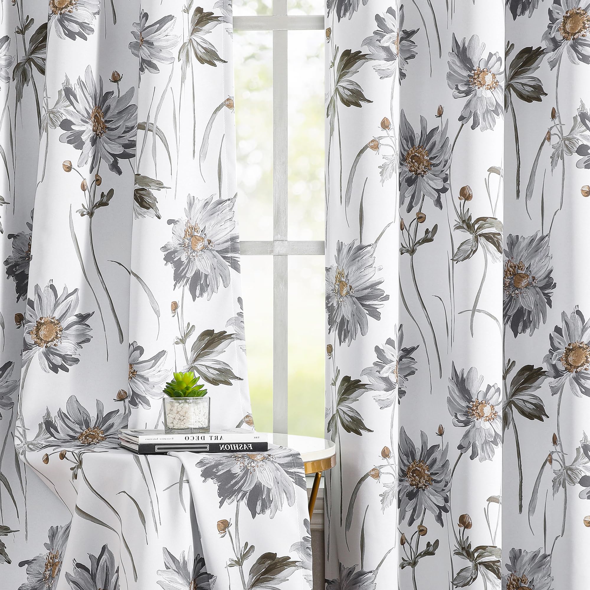 BROSHAN Gray Floral Bedroom Blackout Curtains Short 63 inches Long-Rustic Flower Pattern Window Curtains 2 Panel Sets 100% Light Blocking Thermal
