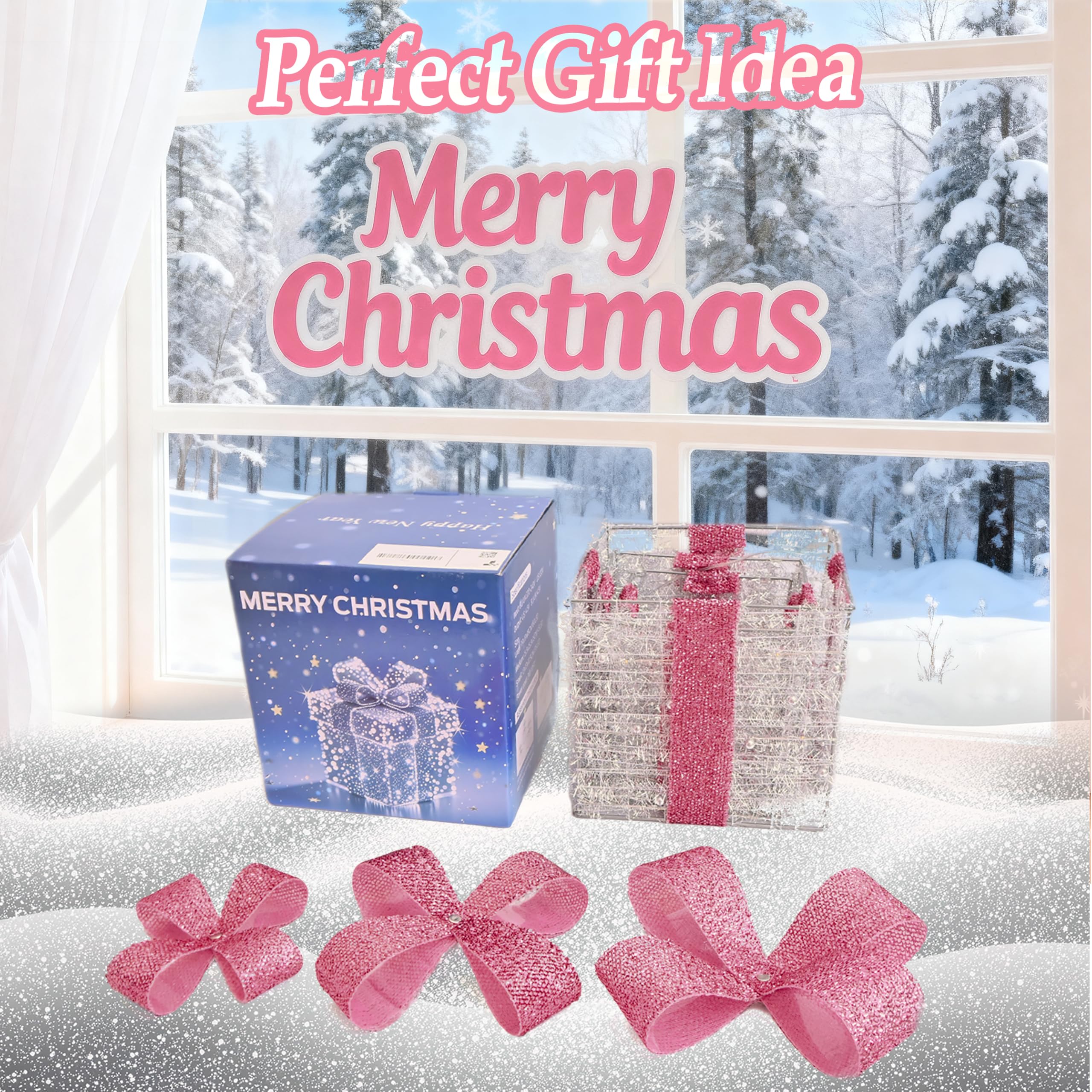 Christmas Decorations, 140 LEDs Set of 3 Lighted Gift Boxes with Silver Tinsel and  Bows, Warm White Present Boxes for Indoor Outdoor Holiday Party Yard Bedroom Home Xmas Decor