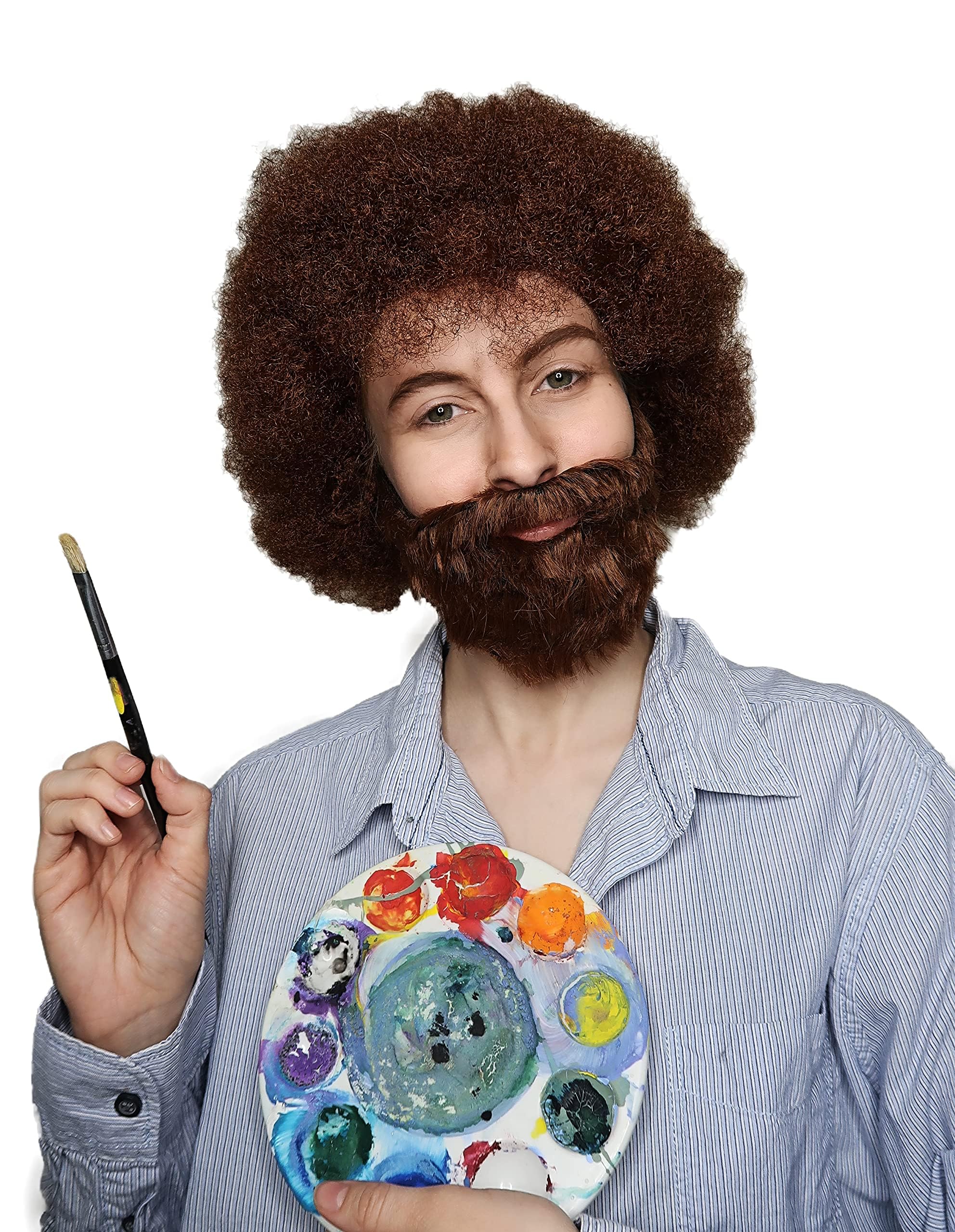 Compatible with Painter Ross Wig – 80s Curly Brown Afro Wig & Beard Set for Men & Women – Realistic, Non-Itchy Costume Hairpiece for Halloween, Art Teacher Cosplay, Retro Funny Party Outfits