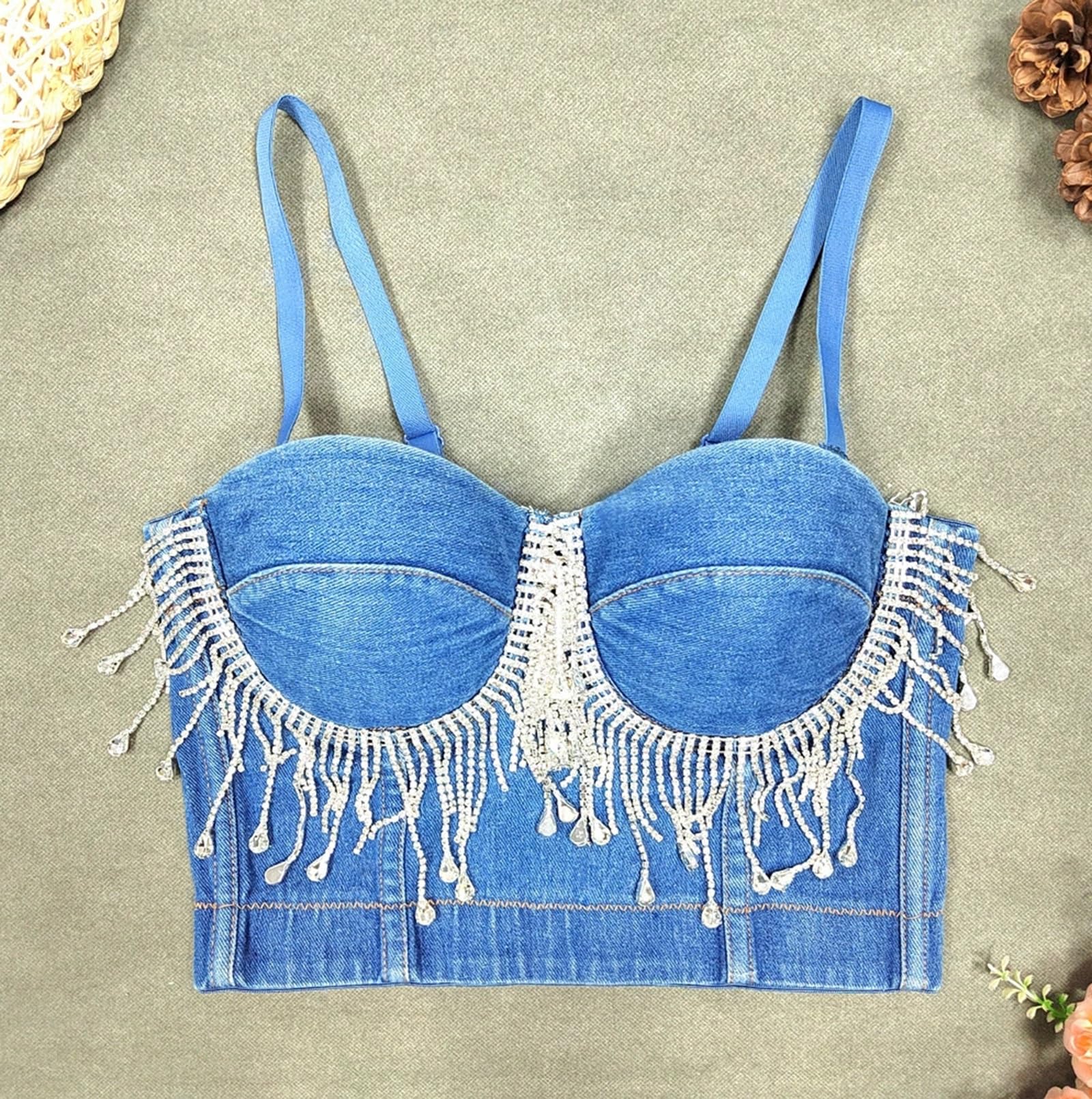 Corsetti Sexy da Donna con Perline, Strass Luccicanti e Nappine, Canotta per Rave Party e Abbigliamento da Discoteca