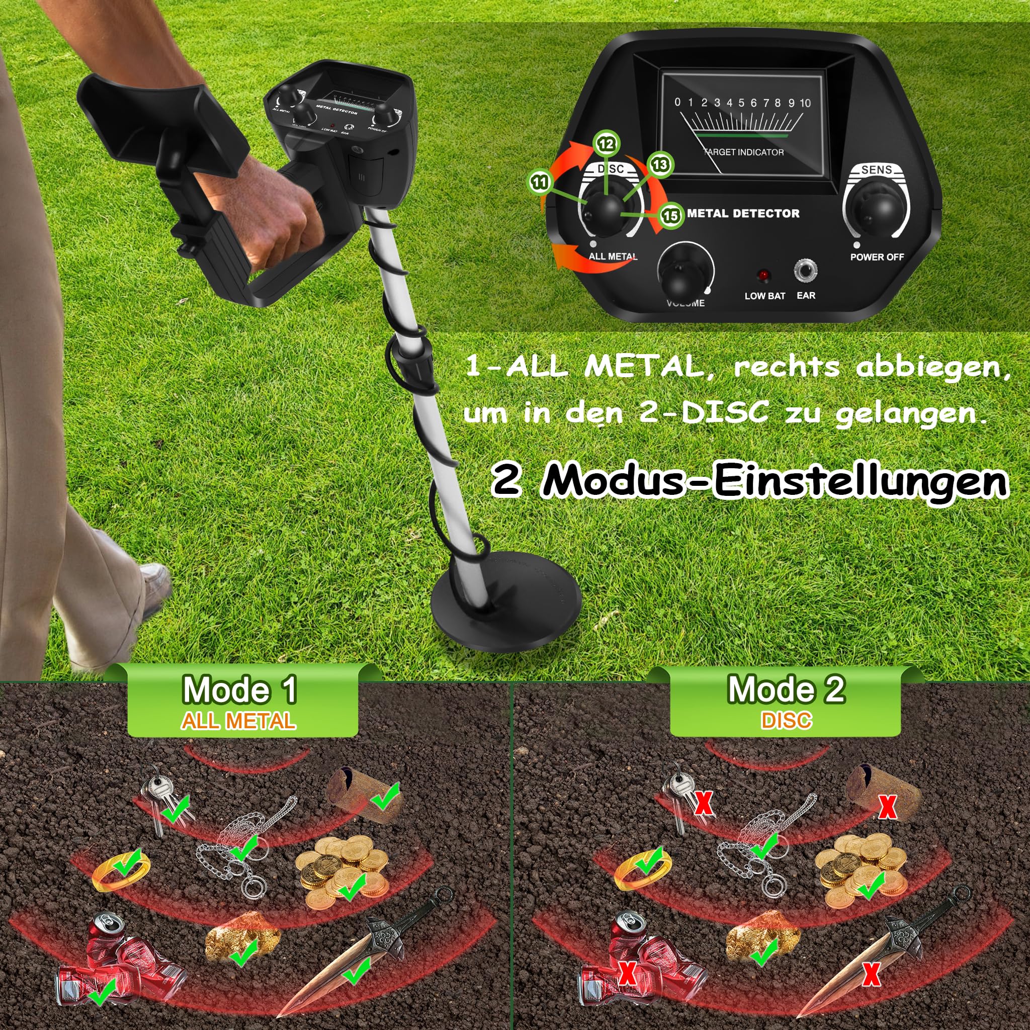 NAIZY Detector de Metales para Niños, Juego de Detectores de Metales con Pala y Auriculares y Bolsa de Transporte, Detector de Metales con Indicador Mecánico y Consejos de Sonido