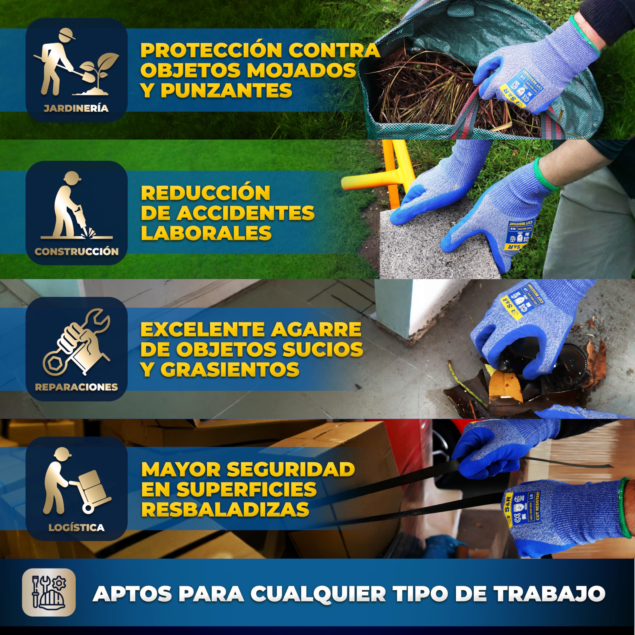 S&R 3 PARES Guantes Anticorte Nivel 5. Guantes de Trabajo Talla L/9 para Jardinería/Cocina. Tejido de Tungsteno y Nitrilo