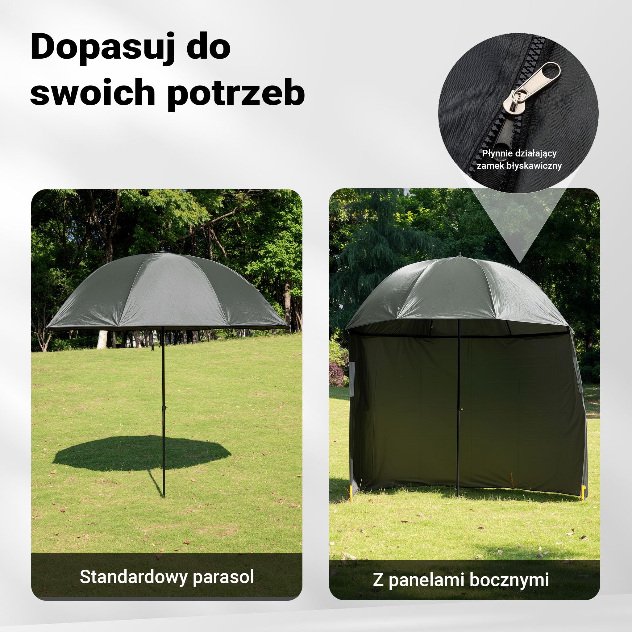 Wiltec Parasol wędkarski 250 cm z bokami i oknami, wodoodporny namiot parasolowy, duży parasol na ryby, sprzęt wędkarski dla ochrony przed wiatrem