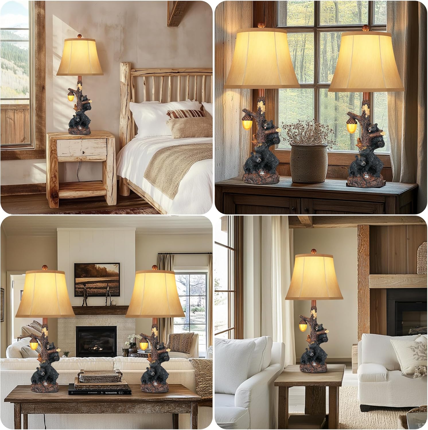 Set of 2 Bear Bedside Table Lamps for Bedroom with Nightlight & USB A+C,Touch Accent Cottage Table Lamps for Living Room,Farmhouse Rustic Animal Nightstand Lamps for Western Cabin Christmas Decor