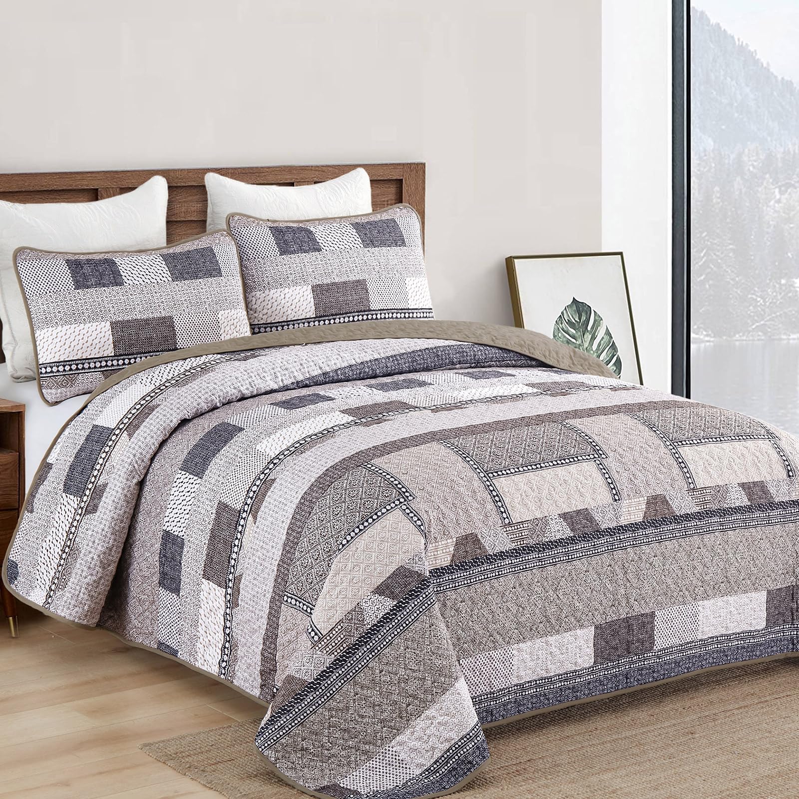 Yiran Blue Brown Quilt Set Queen Size Patchwork Plaid Quilt