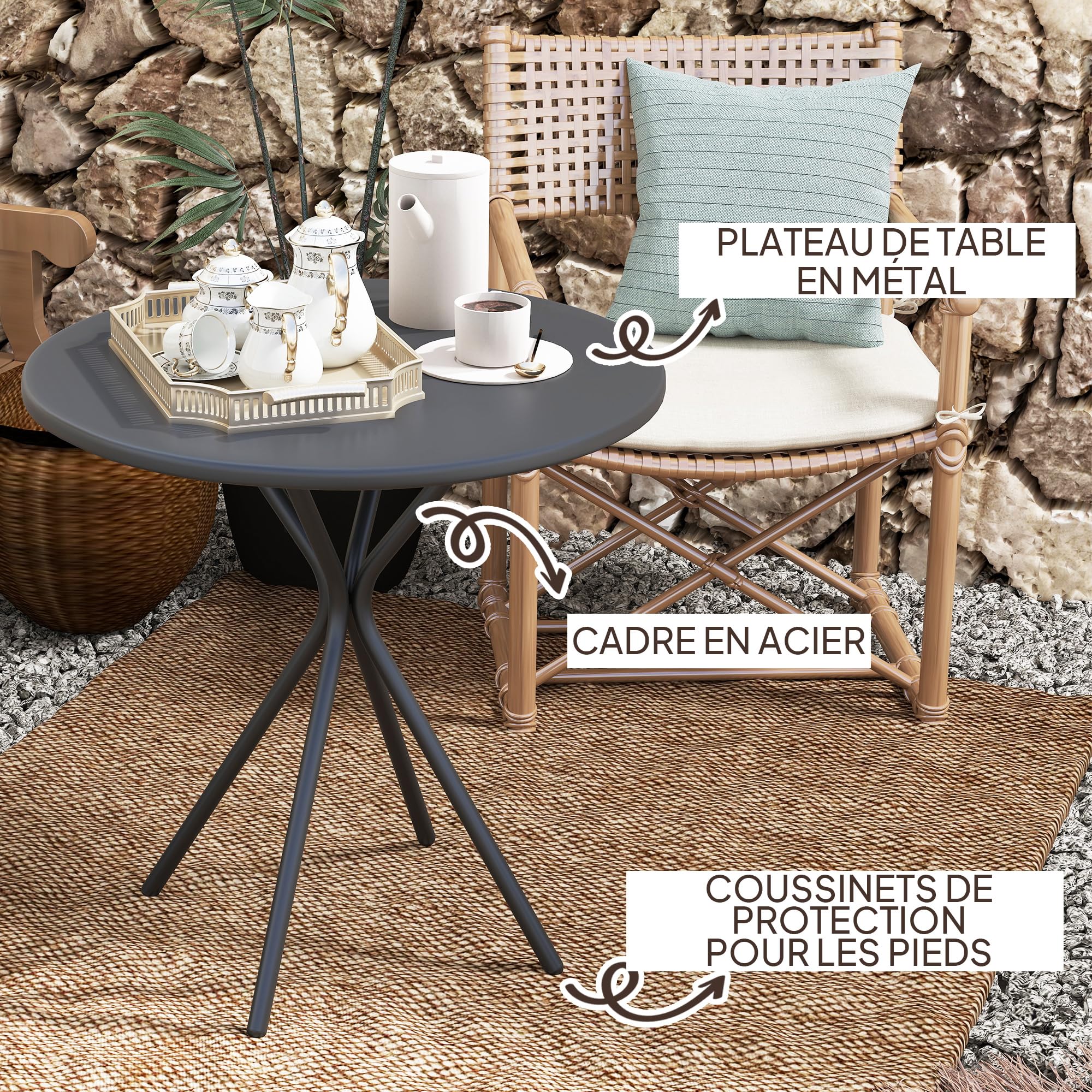 Outsunny Table de Jardin Ronde Ø 60 cm, Cadre en Acier, Charge 50 kg, Noir